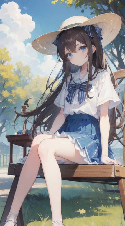 Best quality, Masterpiece, 1 girl, blue eyes, long brown hair, wear long white and black striped skirt, sun hat, sitting on a chair, in the park, sunny day, pat a cat