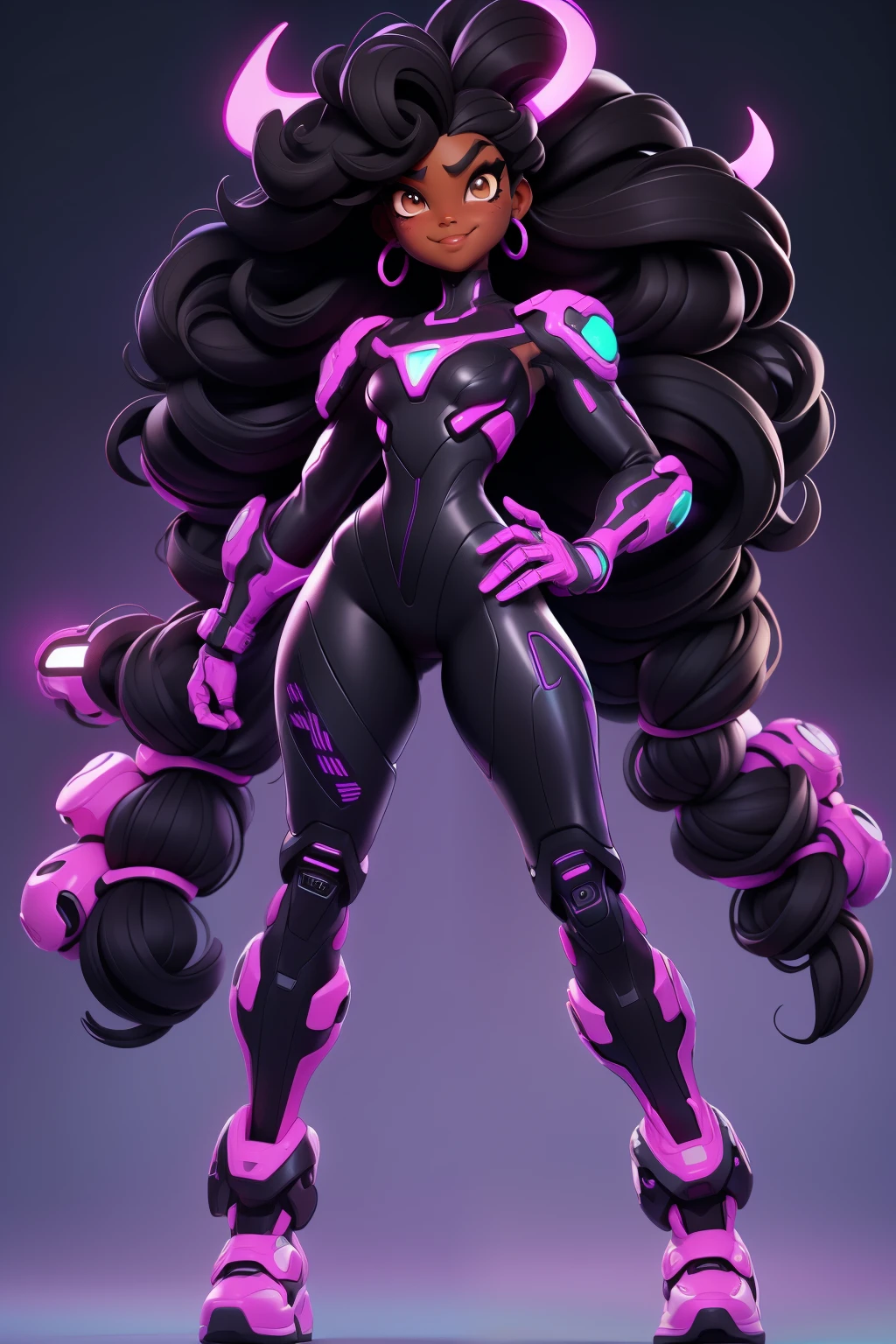 Create a half body shot black girl (((Brooke Shields))) with short black afro hair and purple eyes, smilling, thick eyebrows, hacker, dark skin, wide hips, ((robotic legs and thighs prostheses)), ((wearing small thongs ,top and hoodie)), night time, good quality, perfect anatomy, 8k, masterpiece, by (Holaxes), long hair, gadgets, neon, cyberpunk, neon purple, neon yellow, cyberwave, best Character Design, 2077, (pixar)