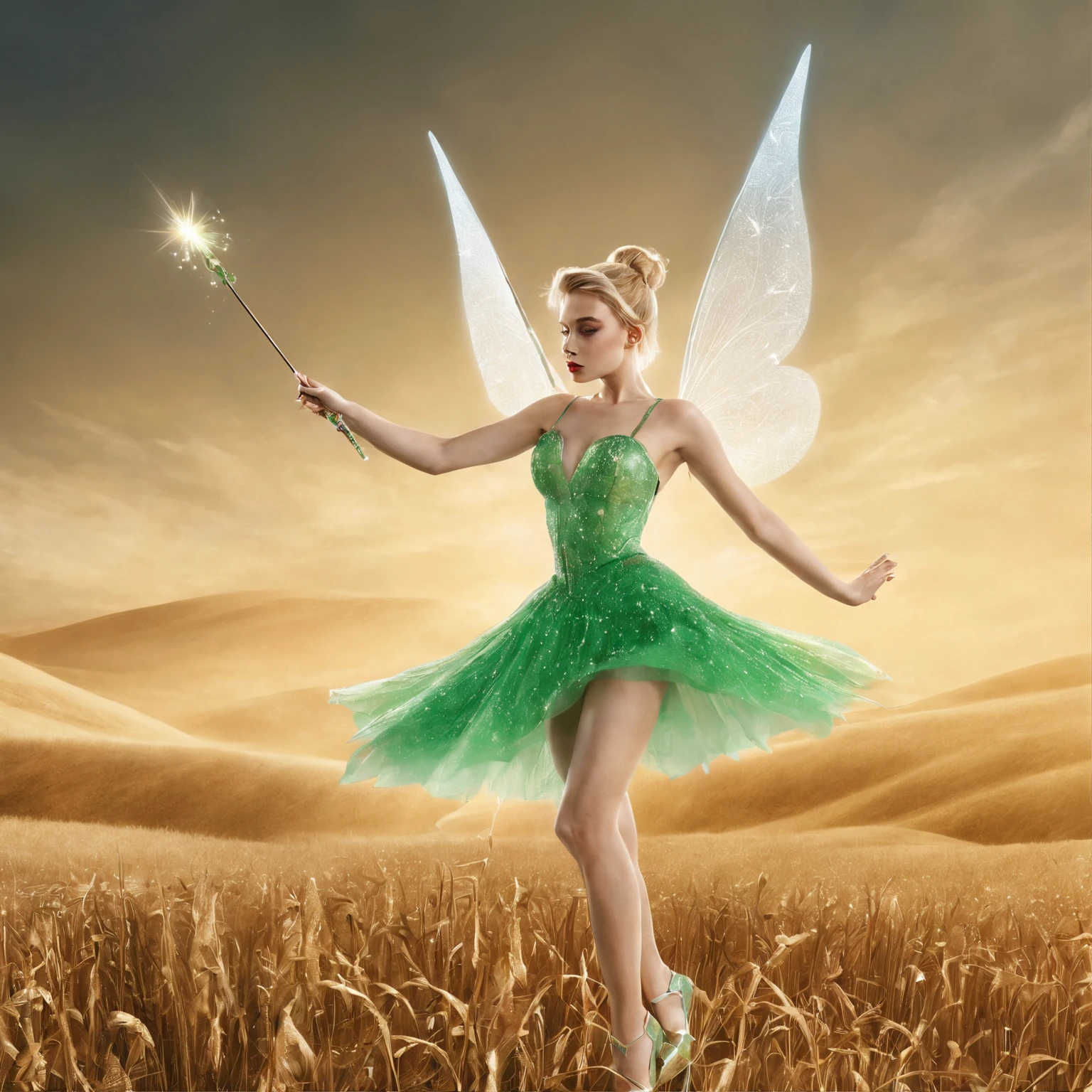 Tinkerbell flying with a wand over a field