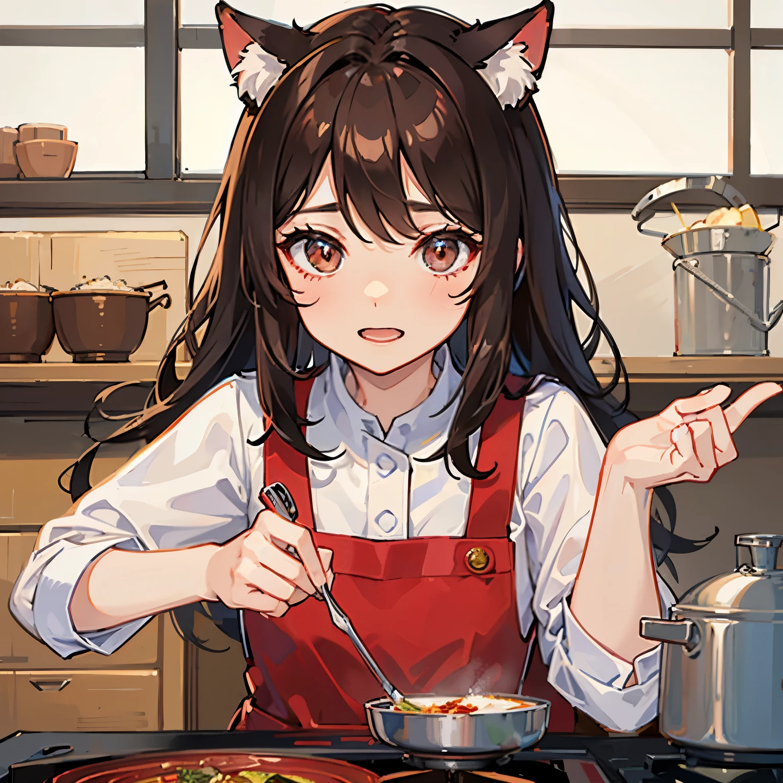 1人、girl with、Brown hair long、eyes are red、pinafore、cooking a、cat ear、unclear、kawaii