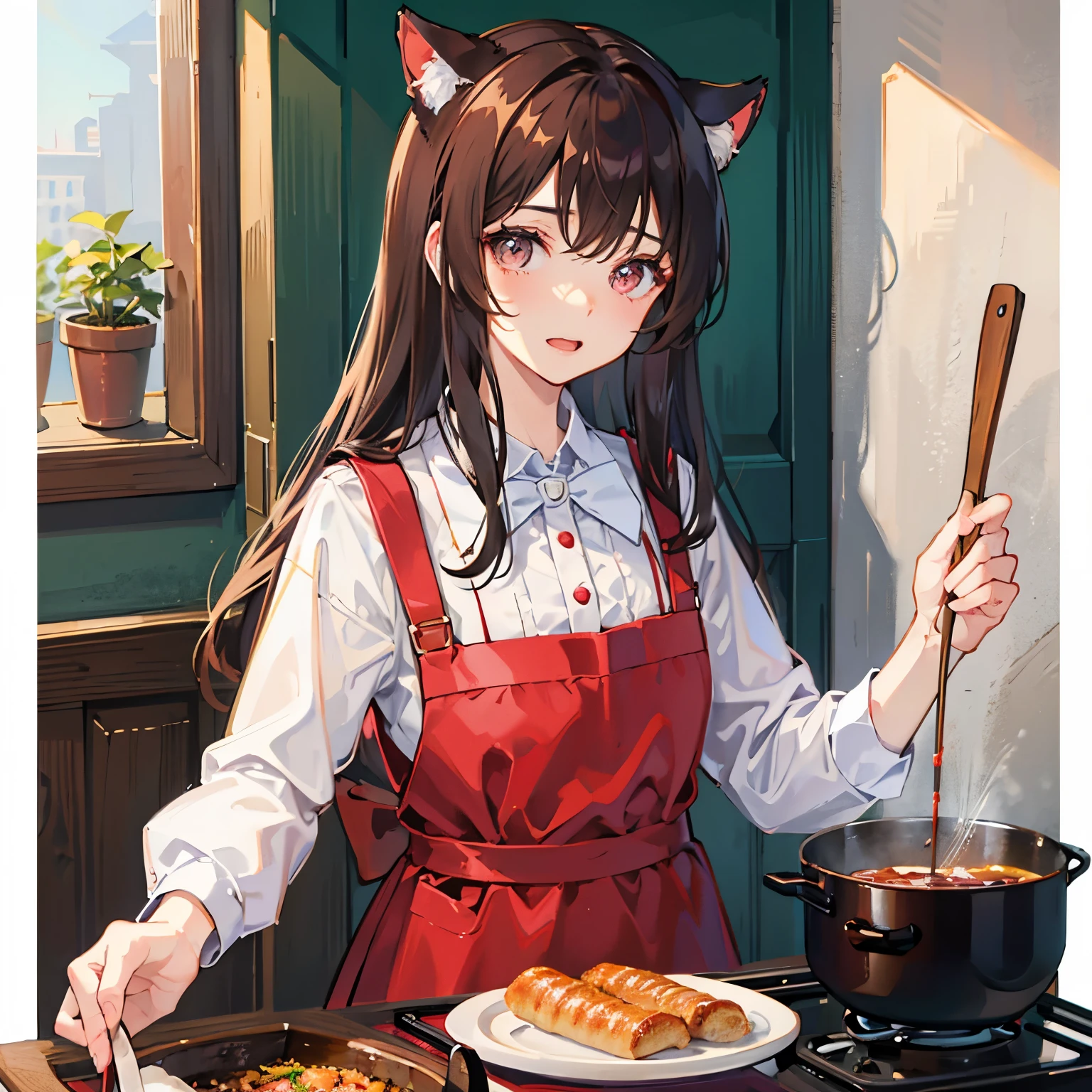 1人、girl with、Brown hair long、eyes are red、pinafore、cooking a、cat ear、unclear、kawaii