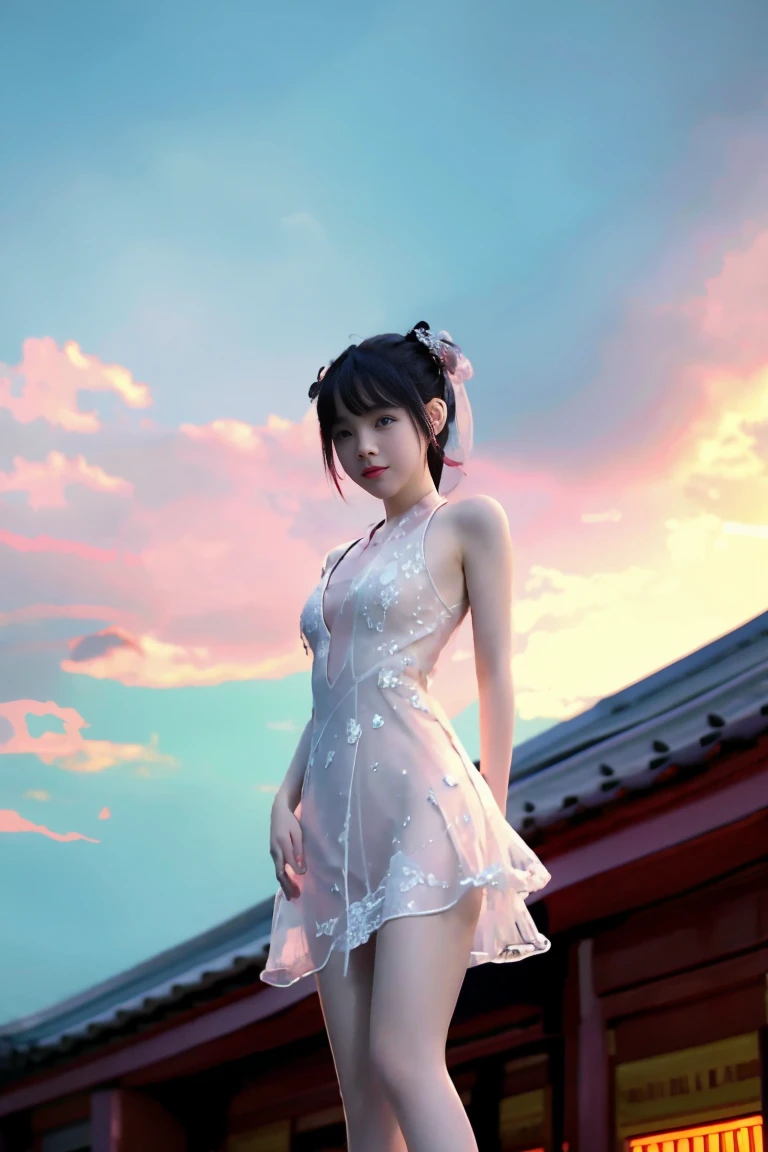 Jingchai's semi-transparent dress is petite and cute, revealing her arms and legs.