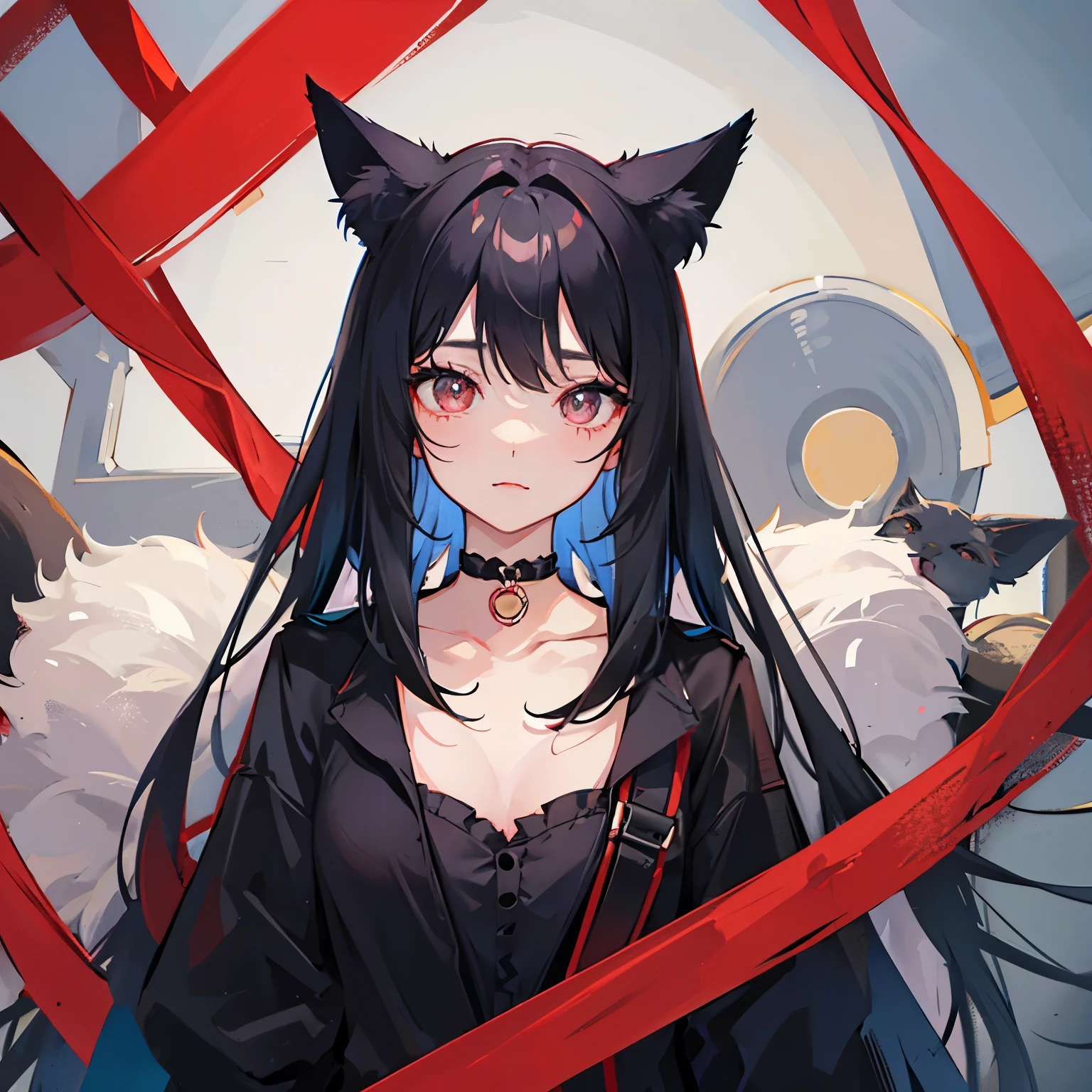 1人、girl with、Long black hair、cat ear、a choker、eyes are red、unclear、kawaii