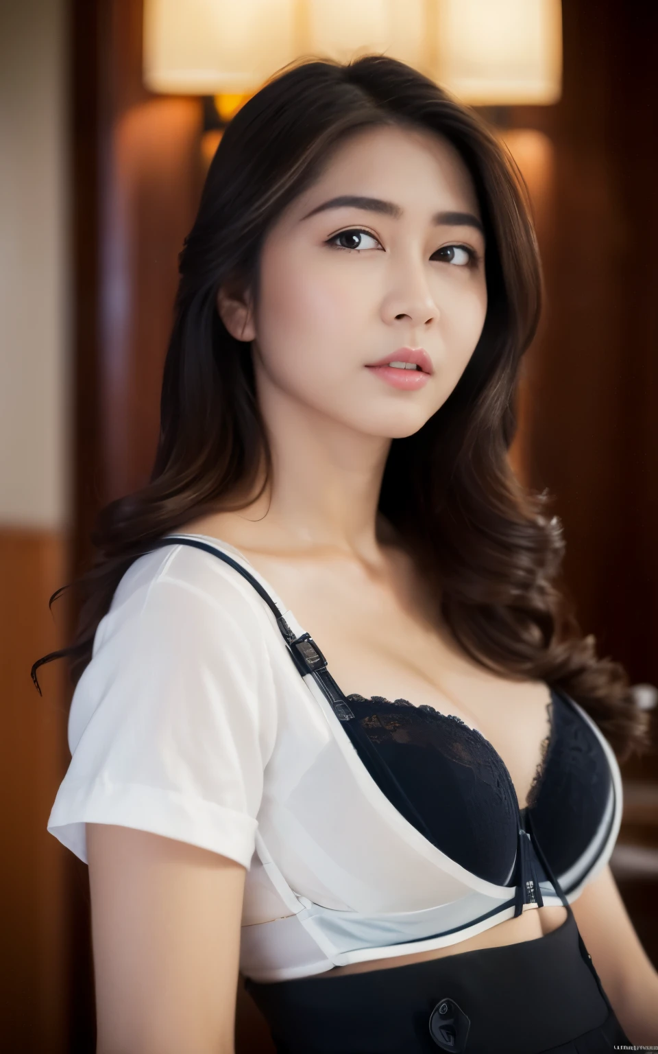 extremely detailed CG unity 8k wallpaper, best quality, ultra-detailed, masterpiece, realistic, photo realistic, extremely detailed cute girl, 25years old, (secretary),, (glasselush, parted lips, business white shirt ,pencil Skirt , half body shot , hotel , (showing bra),ultra detailed face, photo of jessica ve