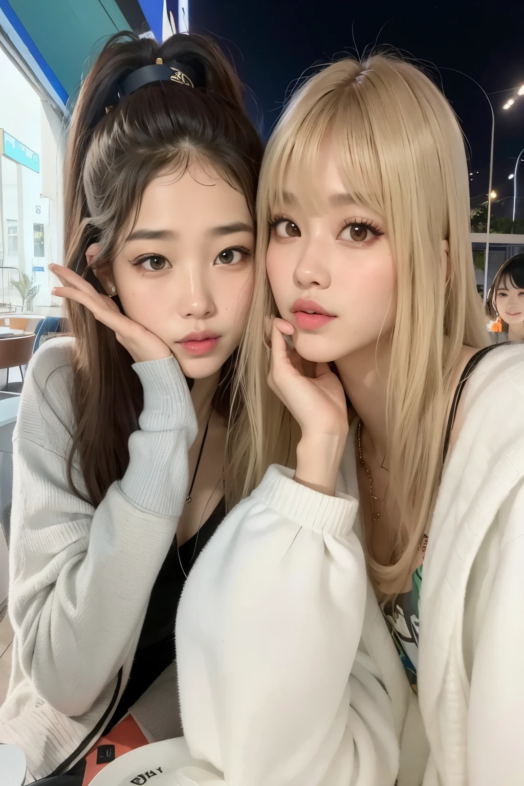 duas garotas posando para uma foto em um restaurante, Lalisa Manobal, lalisa manoban of rosa preto, roseanne park of rosa preto, Ulzzang, Nixeu e Sakimichan, jossi of rosa preto, rosa preto, com franja, tzuyu de duas vezes, KDA e Sam Yang, Jaeyeon Nam, cabelo comprido com franja completa