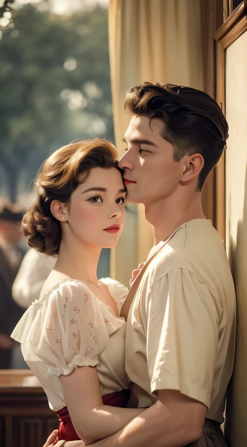 (best quality,4k,8k,highres,masterpiece:1.2),ultra-detailed,(realistic,photorealistic,photo-realistic:1.37),man and woman in love,1950s outfits,vintage look,colorful,dreamy lighting,romantic atmosphere,candid moment,detailed facial expressions,affectionate gestures,soft focus,retro background,classic romance,intimate embrace, lovers