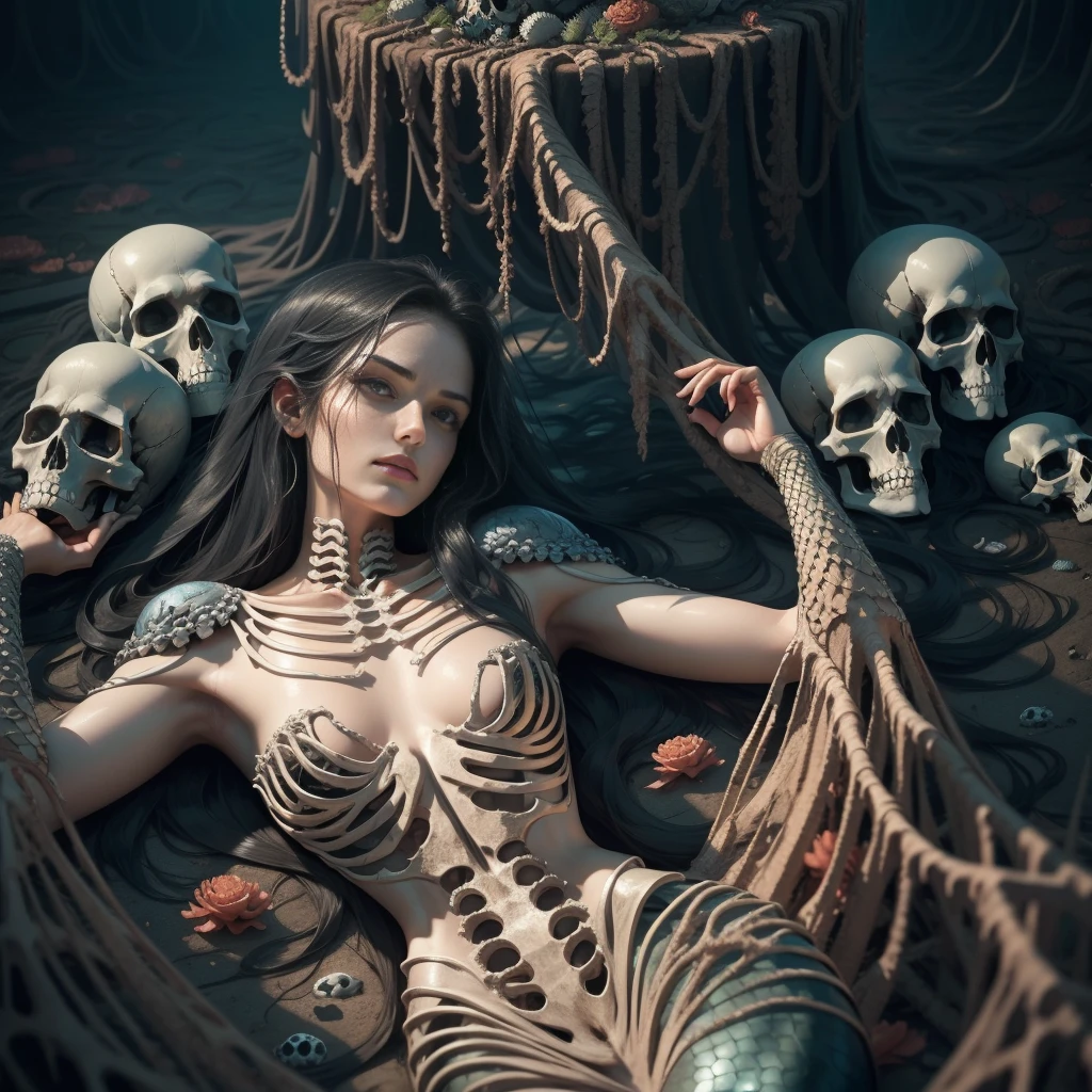 {-erro_de_anatomia:1.0}  woman 30 years old, underwater, skeleton, corpse,Under the sea, where coral tendrils and vines abound, a woman (mermaid), long black hair looks at you amidst a pile of bones and skulls.Indifferent look , merciless. Lying among the skulls. With his face resting on his own shoulder, looking back.