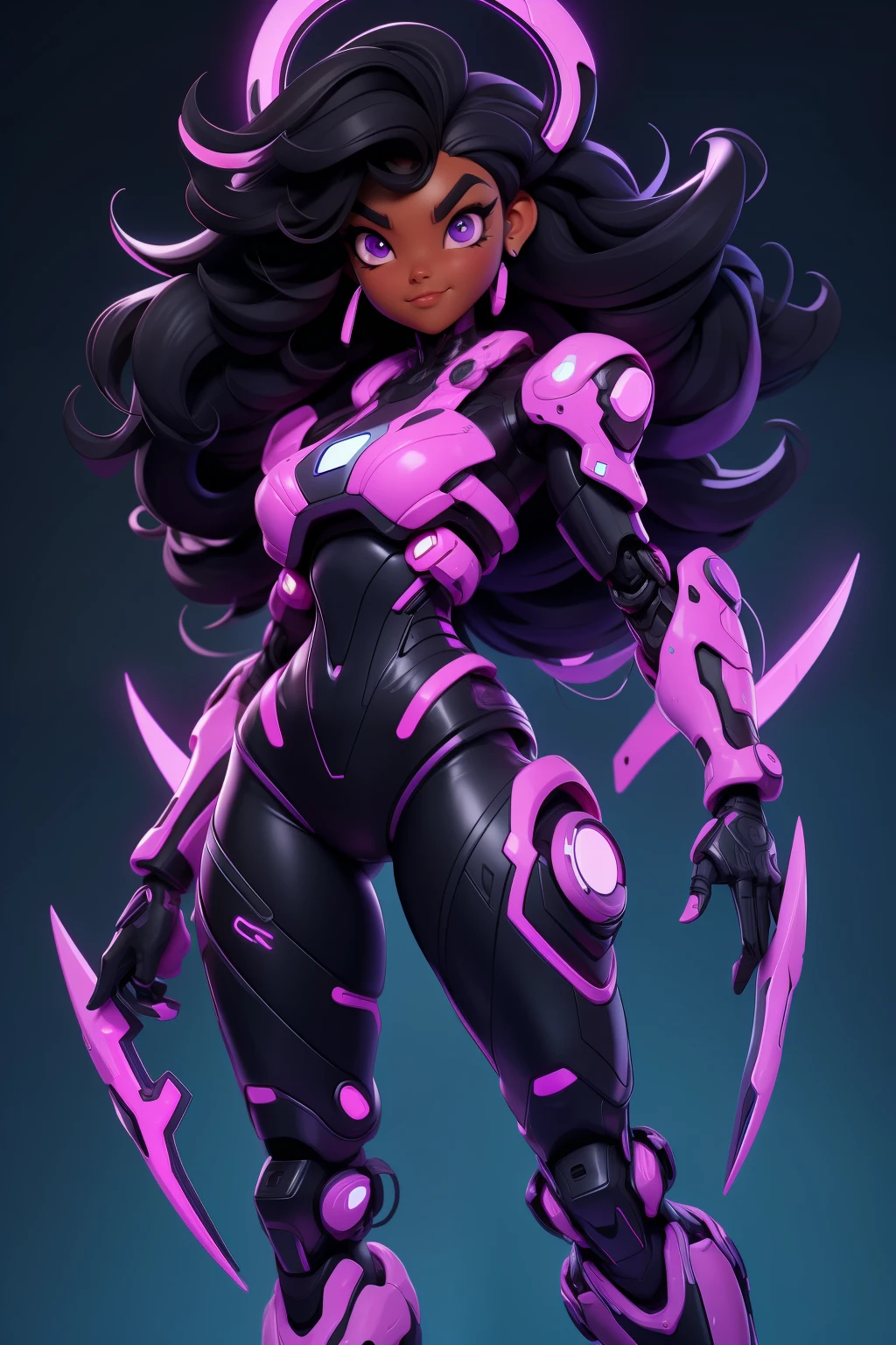 Create a half body shot black girl (((Brooke Shields))) with short black afro hair and purple eyes, smilling, thick eyebrows, hacker, dark skin, wide hips, (robotic leg prostheses), night time, good quality, perfect anatomy, 8k, masterpiece, by (Holaxes), long hair, gadgets, neon, cyberpunk, neon purple, neon yellow, cyberwave, best Character Design, 2077, (pixar)
