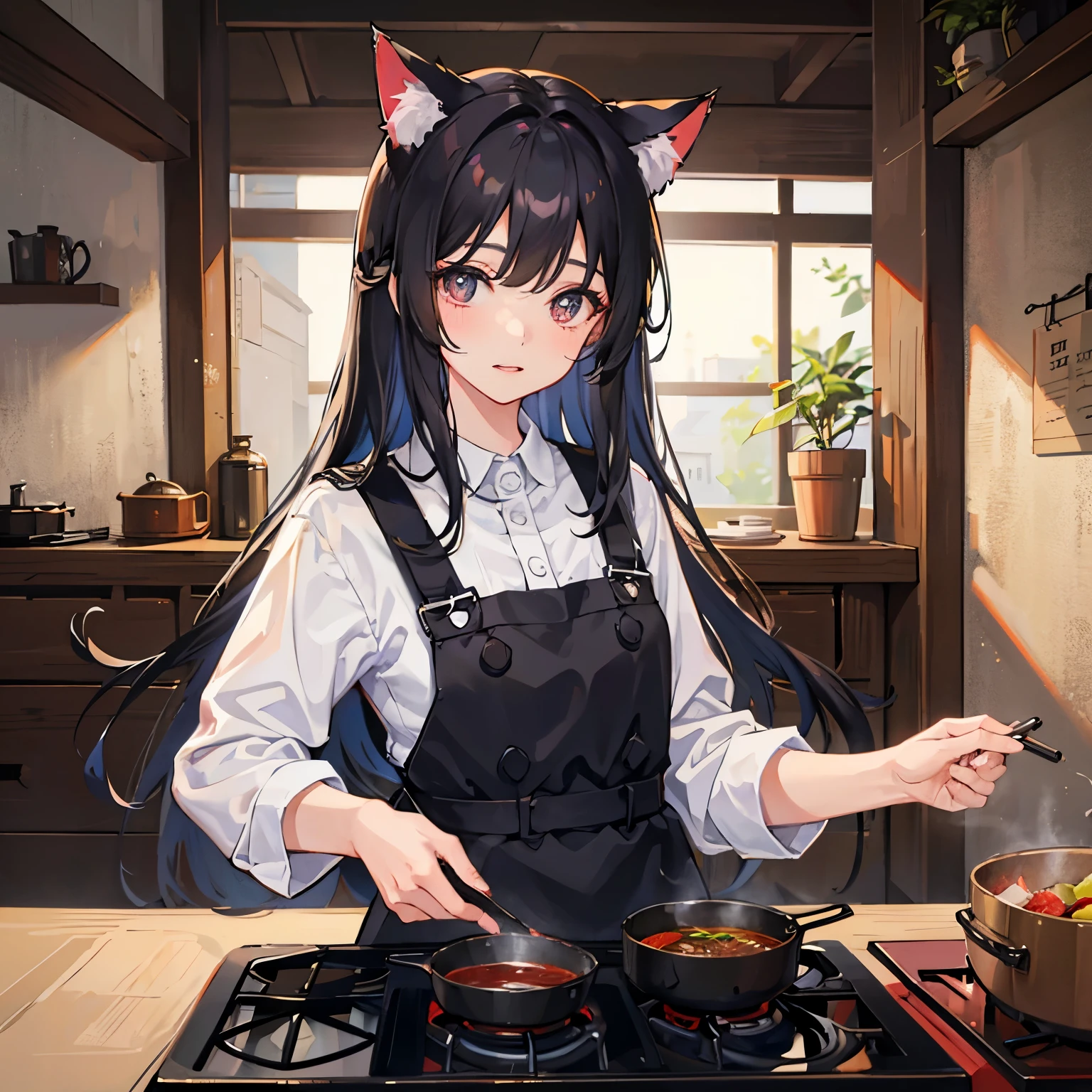 1人、girl with、Long black hair、Eyes are red、cat ear、pinafore、cooking a、unclear、kawaii