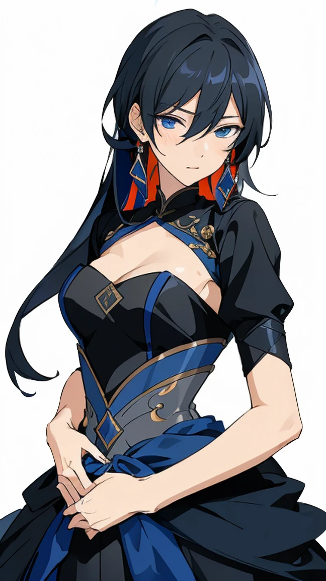 masterpiece, best quality, absurdres, Hokuto hidaka, black hair, long hair, blue eyes, beautiful, female body, dark wedding dress, black dress, black gown, ultra-detailed, girl, solo, ensemble stars, breasts