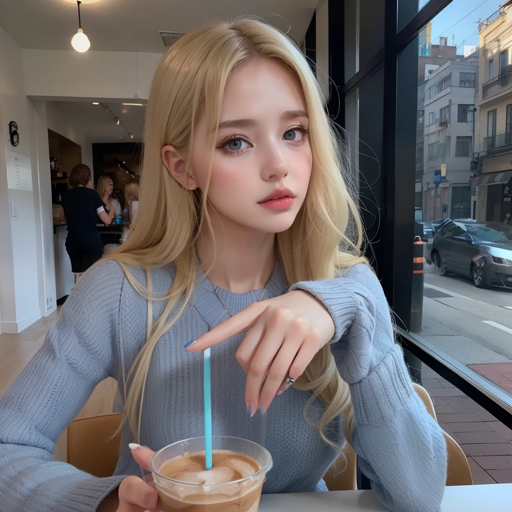 Blonde woman with blue straw drinking iced coffee in a coffee shop., Anna Nikolanova aka Newmilky, Una chica con cabello rubio, Estilo de Julia Razumova, Modelo de Instagram, Dasha Taran, Hermosa modelo joven, Eva Elfie, hermosa chica rubia, linda joven, Retrato Sophie Mudd, Chica joven y linda, Yelena Belova