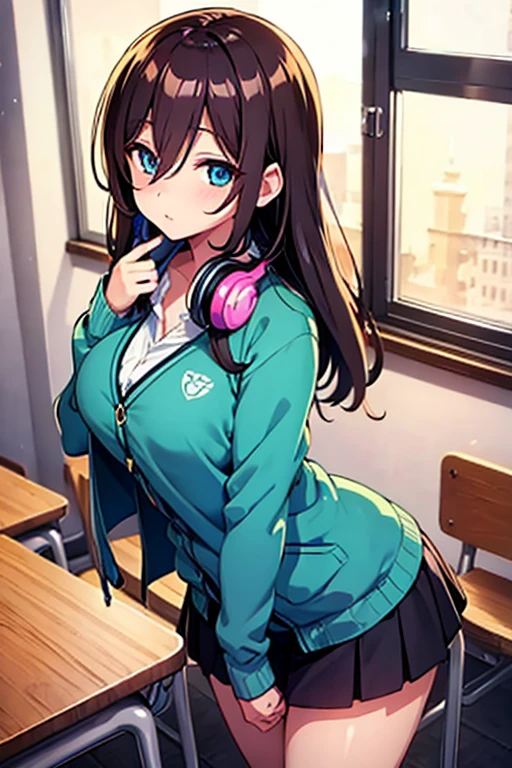 mikunakano, miku nakano, long hair, bangs, blue eyes, brown hair, shirt, hair between eyes, headphones, cardigan, headphones around neck, BREAK skirt, shirt, long sleeves, white shirt, pantyhose, pleated skirt, black pantyhose, cardigan, green skirt, blue cardigan, BREAK indoors, classroom, BREAK looking at viewer, BREAK (masterpiece:1.2), best quality, high resolution, unity 8k wallpaper, (illustration:0.8), (beautiful detailed eyes:1.6), extremely detailed face, perfect lighting, extremely detailed CG, (perfect hands, perfect anatomy),