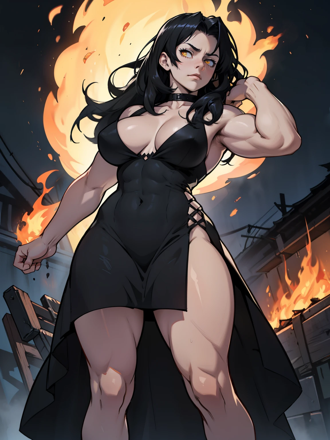 (girl muscles large breasts) pale skin very long hair black hair yellow eyes sad expressionless solo black night dress black night dress large breasts fire