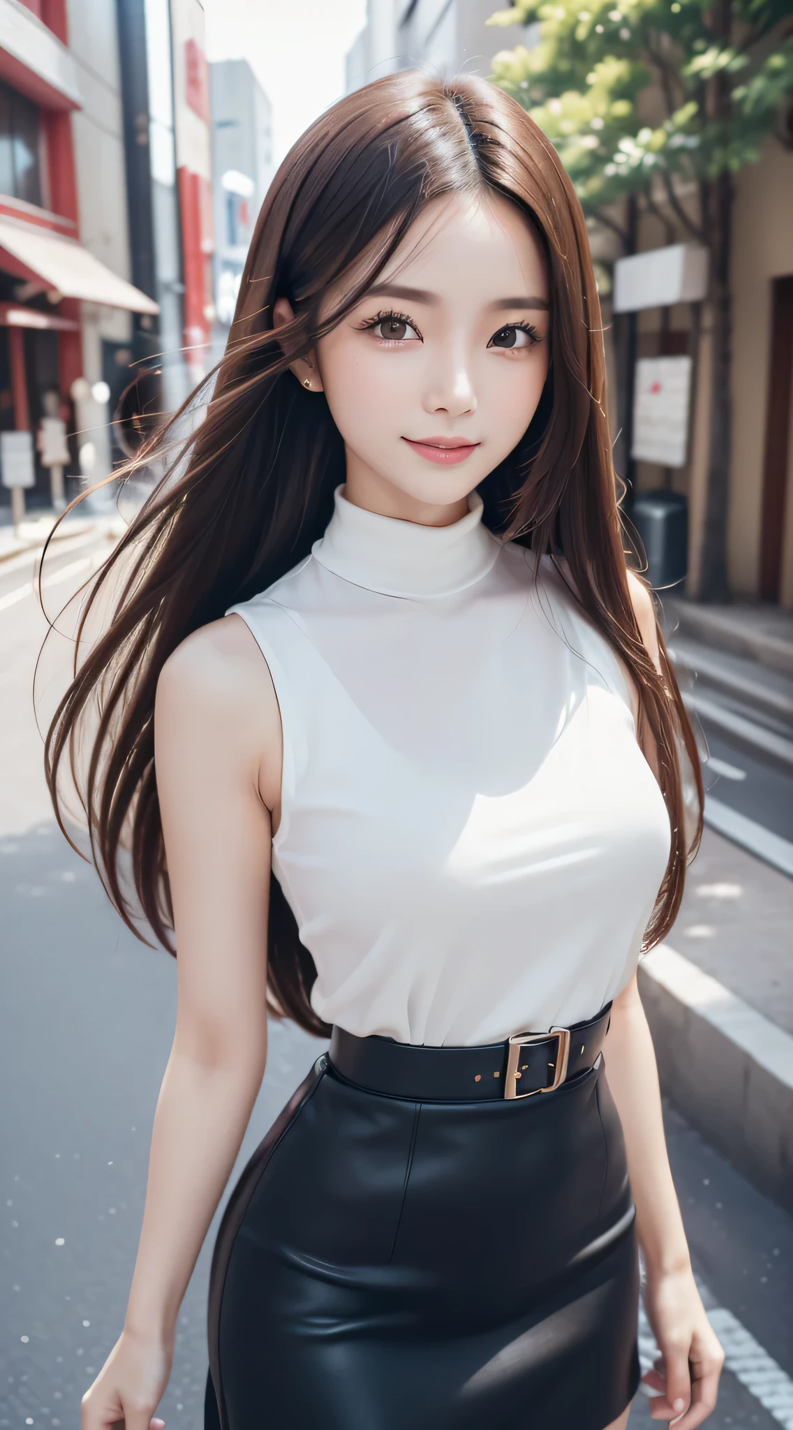 (Best Quality, 32K, nffsw:1.2), (Realistic:1.5),,(Refreshing smile:1.2),(,cute and beautiful Japanese, (mahogany straight thin hair:1.2), , (Detailed beautiful girl:1.4), （light blue high neck sleeveless), （micro skirt:1.5), high-heels;1.3), detailed  clothes,  embarrassed laughing:1.2, lightsmile:1.35, Looking at Viewer, Facing the viewer, ((Perfect female body)), (Narrow waist:1.05), (Bust Up Portrait:1.3), slender, ((Frame the head)), Wind, Dynamic Pose, Cinematic Light, Back Light, detailed human body, perfectly proportions, 8K, masutepiece, Best Quality,