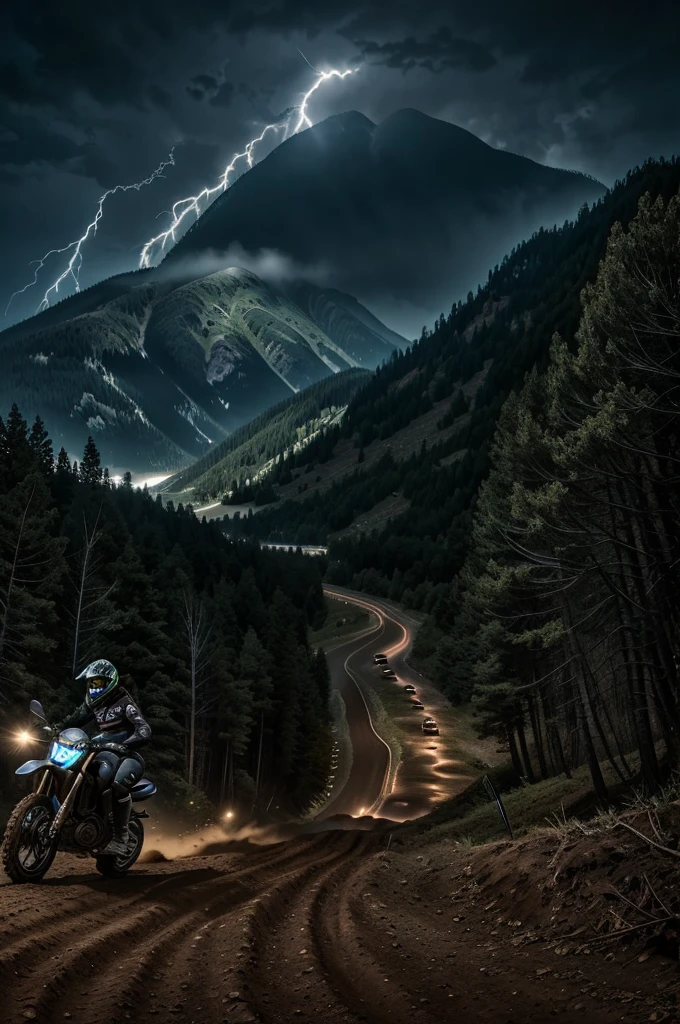 best quality, ultra-detailed, realistic, wide girl, motorcyclist style, perfect body curves, riding huge motocross, dark clothes, by night, ligthning strike thunder, mountain distant background, 8k