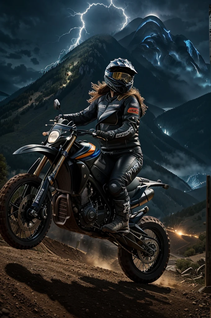best quality, detailed, beautiful, insanely detailed, absurdres,perfect anatomy, Japanese woman,black hair,27 years old, (slender), (small breasts), full body shot, (Big jump scene with an off-road motorcycle:1.3), (View from below:1.3)