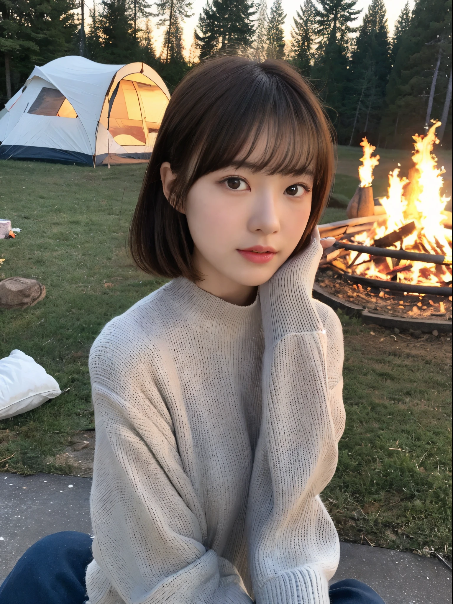 (top-quality、8K、32K、masterpiece、nffsw:1.2)、Photo of a cute Japanese woman、 1 人、(Medium short dark brown hair)、(small tits)、二重まぶた、camping at the foot of the mountain. Fuji、tome'White breath leaks in cold seasons and winter.、bend down in front of the bonfire, But I held out my hand to get warmer.