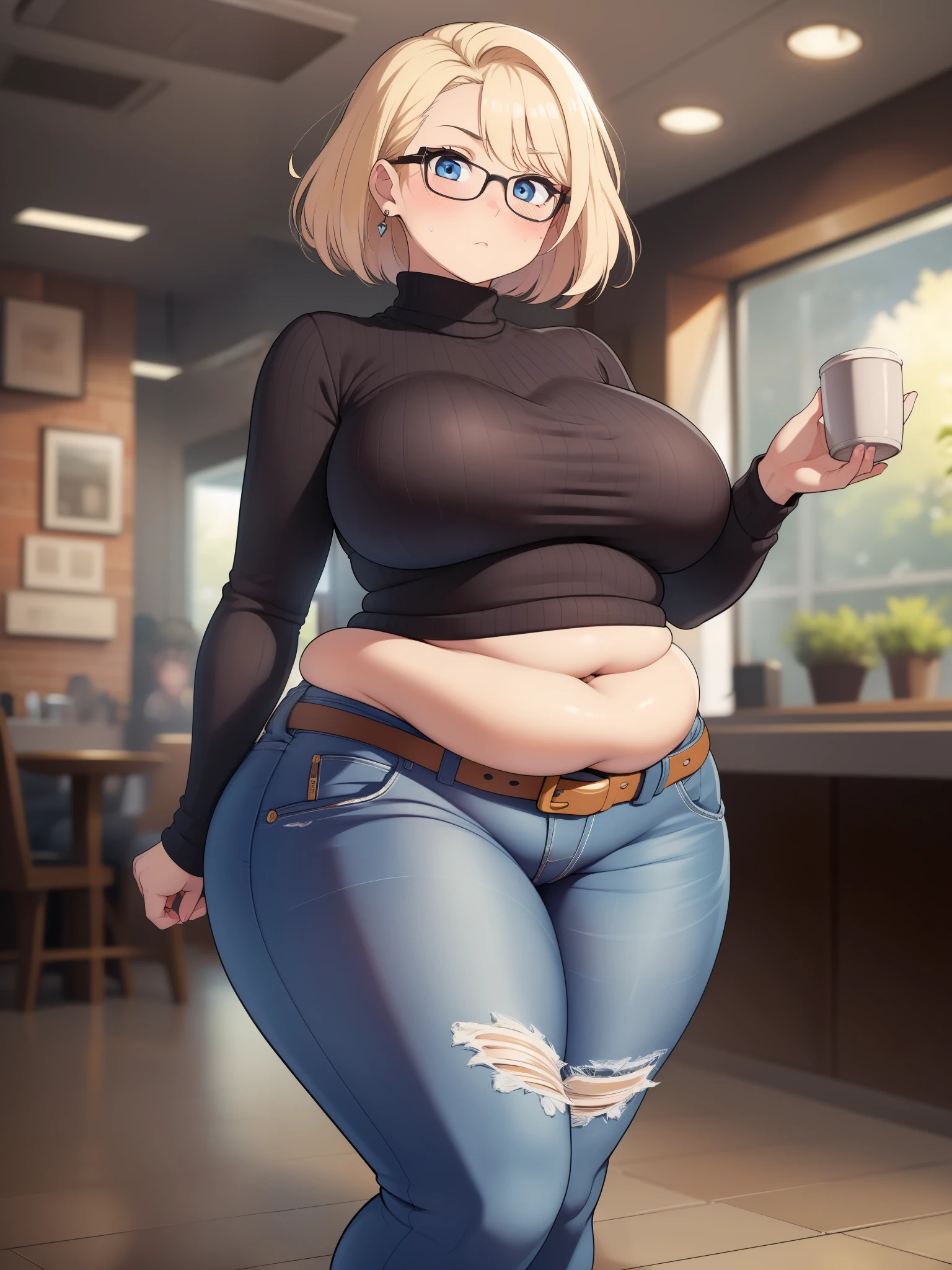 ((Masterpiece)), perfect anatomy, perfect shading, field of depth, (best quality), extremely delicate and beautiful, perfect lighting, detailed face, ultra cute face, cute, (cowboy shot 1.2), full body, (((1girl))), ((solo)), looking at viewer,

short hair, fluffy hair, blonde hair, blue eyes, Glasses, ((blush)), shy, nervous, (black turtleneck sweater 1.5), (jeans 1.2), belt, extremely tight clothes, medium breasts, ((wide hips)), ((thick thighs)), (((pudgy))), belly bulge,

coffee shop, intricate background, detailed background,