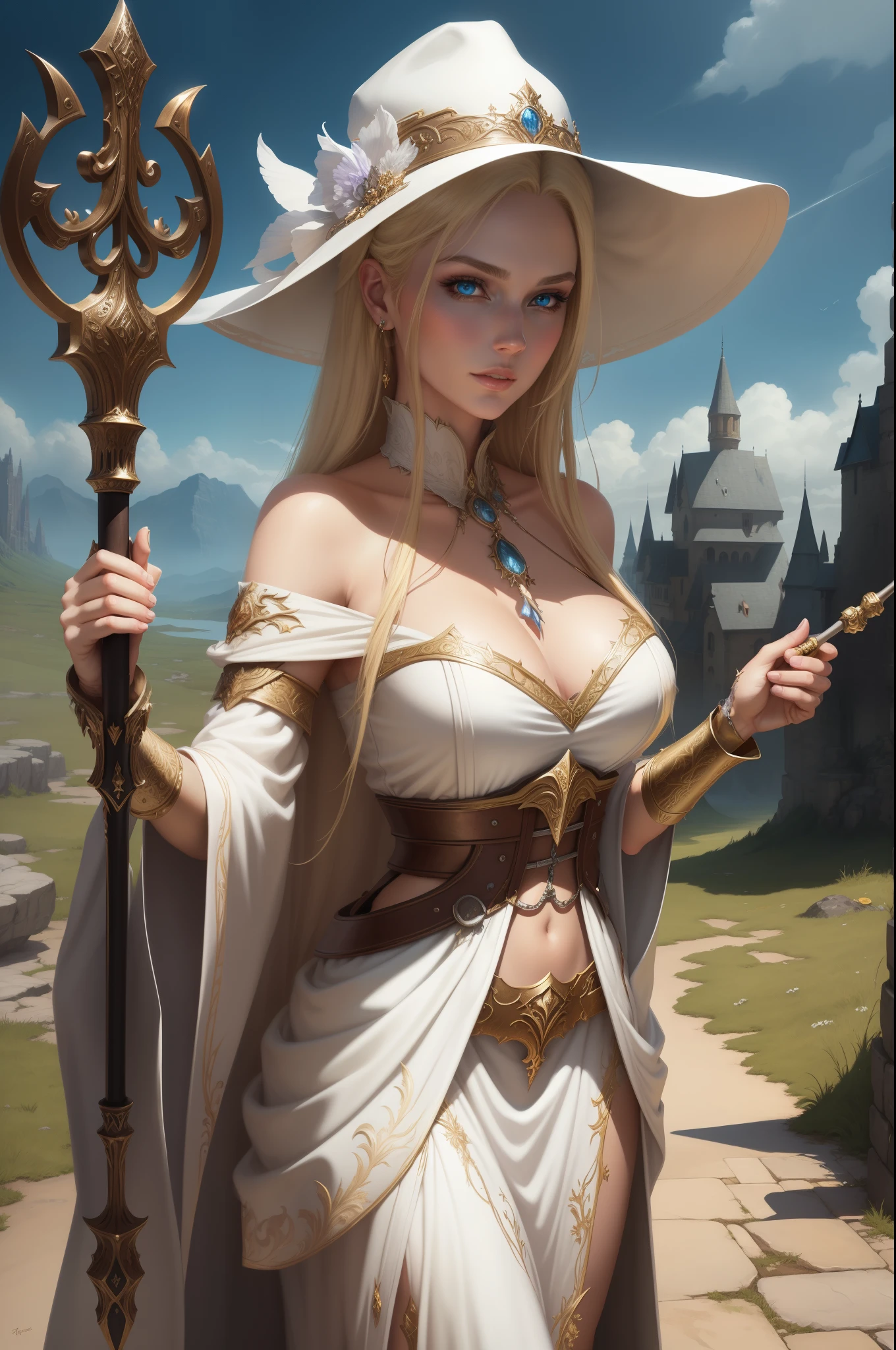 1 gorgeous european blonde woman, age 23, she's a men magazine model, flirts with camera, in a white dress and hat holding a staff, detailed fantasy art, fantasy art style, epic fantasy art style, realistic fantasy illustration, realistic fantasy artwork, epic fantasy art style hd, 4k fantasy art, beautiful maiden, 2. 5 d cgi anime fantasy artwork, detailed fantasy art, fantasy style art, detailed fantasy digital art