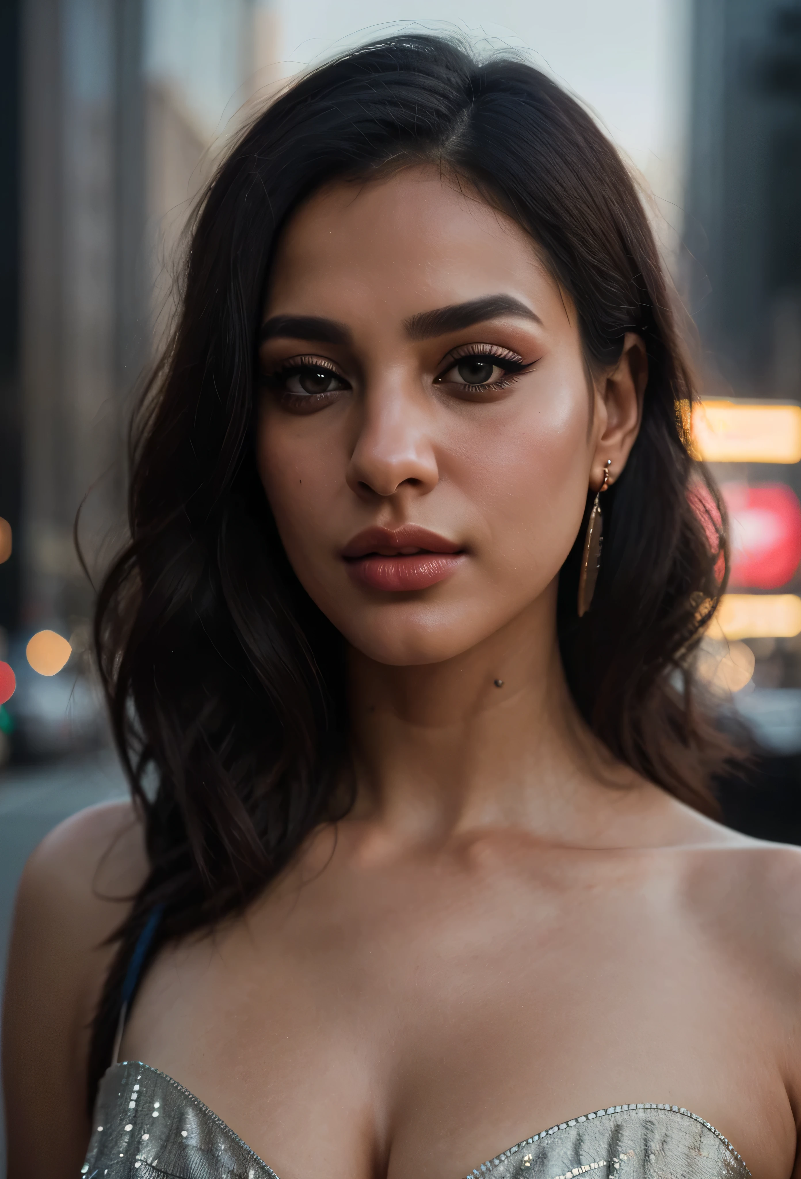 seductive ,sensual , flirty, allure , glamour , It reminds me of when I'm happy or memorable, beautiful iranian persian sexy girl , portrait, blur background new york, cinematic, hyper-realism ,smokes , dark hair , uptown, cleavage, thin detailed black eyes, thin eyebrows, perfect tiny nose, diamond earrings, long eyelashes, cat eye makeup , bold jawline , very detailed, dramatic lighting, digital art trends on Artstation 8k HD detailed realistic, detailed, skin texture, super detailed, realistic skin texture, armature, best quality, super high reidelity: 1.4), high resolution, detailed, raw photo, sharp re, by lee jeffries nikon d850 film stock photograph 4 kodak portra 400 camera f1.6 lens rich colors hyper realistic lifelike texture dramatic lighting unrealengine trending on artstation cinestill 800 ,