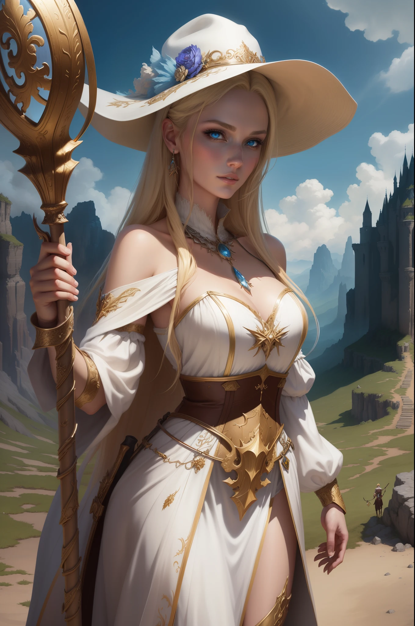 1 gorgeous european blonde woman, age 23, she's a men magazine model, flirts with camera, in a white dress and hat holding a staff, detailed fantasy art, fantasy art style, epic fantasy art style, realistic fantasy illustration, realistic fantasy artwork, epic fantasy art style hd, 4k fantasy art, beautiful maiden, 2. 5 d cgi anime fantasy artwork, detailed fantasy art, fantasy style art, detailed fantasy digital art