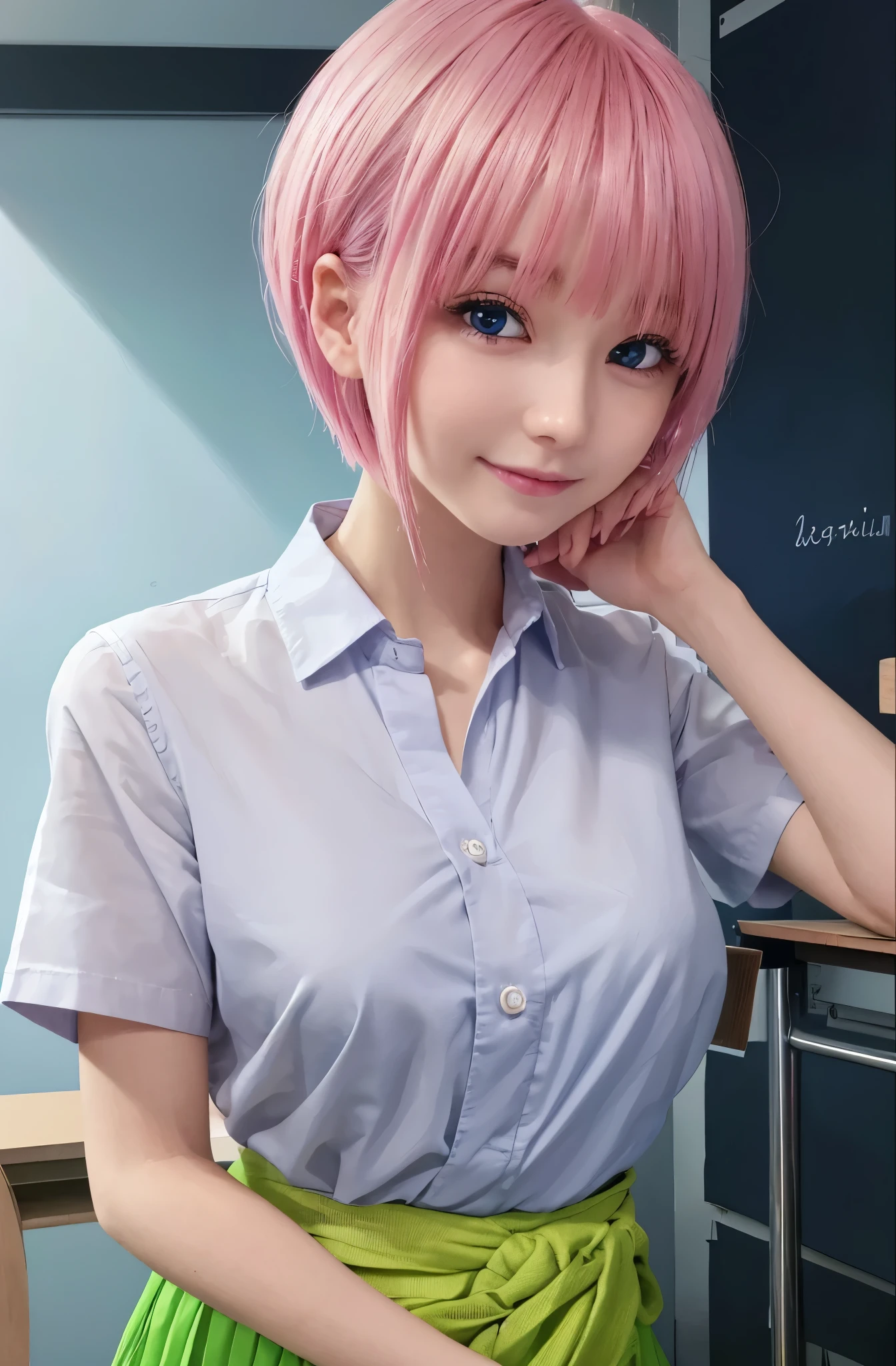 top-quality, 8K, ultra-detailliert, Photorealsitic, ichikanakano, ichika nakano, Short hair, Bangs, Blue eyes, hair between eye, Pink hair, Shirt Formal, School uniform, Short sleeves, sox, (whiteshirt:1.3), Green pleated skirt, Black jacket, lowfers, wrap the yellow sweater around your waist, Best Quality, hight resolution, Unity 8k壁纸, (Beautiful detailed eyes:1.4), extra detailed face, Perfect Lighting, (Perfect hands, Perfect Anatomy), extreme close - up, School classroom background, The best smile, Slouched
