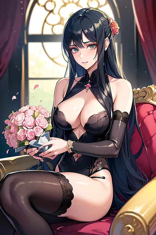 (Digital Illustration, 4K, 8K, Ultra-detailed, beautiful image, Sharp Image, Photorealistic, Raw photo, Perfect face, Perfect lines, Perfect eyes, Soft lighting) 1 woman, (Long Black Hair,straight haired,Bullish gaze,Beautie,ellegance,mode ,Onepiece,Solid makeup,23 y-o woman,huge tit:1.3),スーツ姿のハンサムなember性, (ember,ember性はスーツ姿,well-muscled,Firm shoulder width, emberの,Boyish hairstyle,English gentlemanly style,クールな表情の30代ember性,明るい笑顔の28歳ember性:1.2),Antique furnishings,Antique Clamps,Antique chair,chandeliers,Crystal Glass,Luxury,fantastical light,Marble fireplace,(embarrassed from,Shy smile,Bouquet of pink roses:1.2),Antique sofa,Leather sofa,Crying face,Crying in frustration,Beautiful tears、the kiss、kiss、a couple、couple kissing、Romance、ssex、Have 、Wet pubic area、insert 、、Overflowing、Full body painting,(一人の女の子と一人のember,Having :1.5),(ember, emberの,Rubbing the girl's boobs:1.2),Cheek dyeing、gasping face、embarrassed、boredom、begging、Unhappy、Greedy expression,Wet pubic area、 xen、Open your crotch wide、Cowgirl、Fluttering chest、Wet shirt、Sheer black lace underwear、Underwear to take off