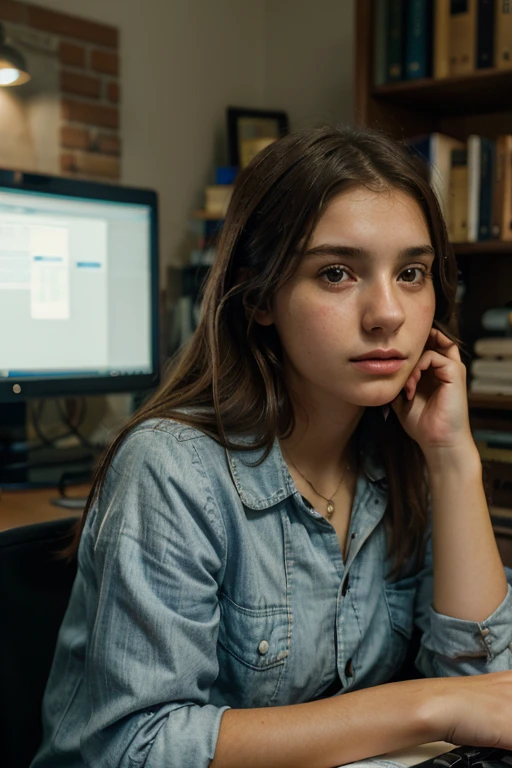 (realistic:1.2) (french) (girl) (stressed) (sitting at a desk) (facing forward) (surrounded by books) (a computer), (detail description of girl's face and clothes), (vivid colors), (studio lighting), (portrait)