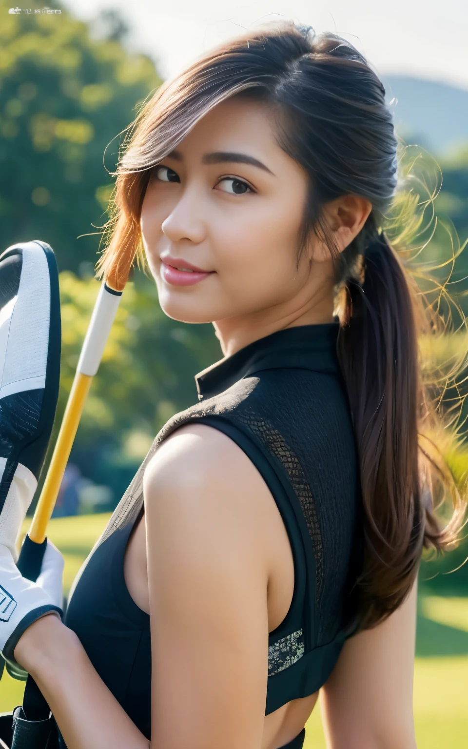 Highly detailed CG Unity 8K wallpaper, With the highest quality, super detailed, Master Piece, Realistic, photograph realistic, extremely detailed cute girl, 25 years old, (white bra) , (golf shorts) , (Holding a golf driver),  (Wearing golf gloves), smile , Round eyes, large breasts , (cleavage), looking viewer, Half body shot ,shoot from the side,  Golf course , golf cart, Sun visor,   poneyTail