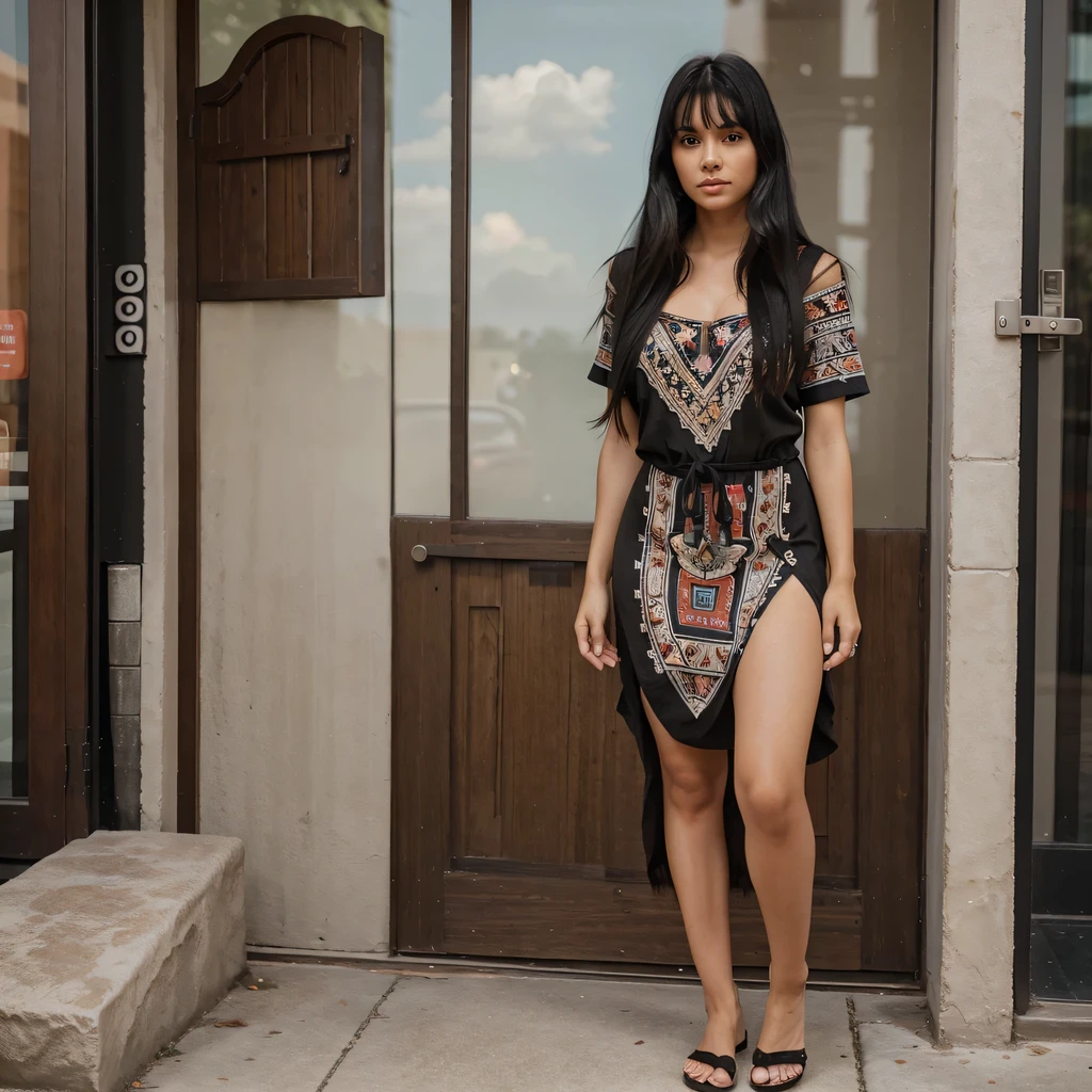 1girl, american indian, instagram influencer, long black hair with bangs, wearing a Taino dress, perfect hands, perfect eyes, full body