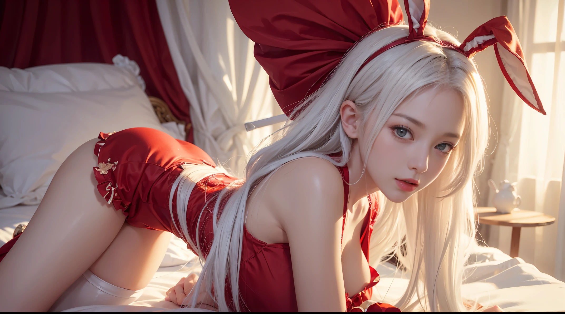 Photorealistic, high resolution, 1 women, solo, hips up, look at viewer, detailed face, white hair, long hair, wearing bunny outfit, red outfit, illustrations, vivid colors, warm tones, soft lighting.