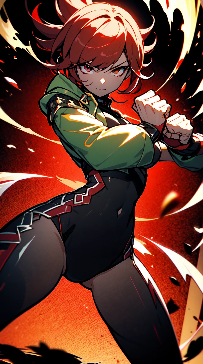 Ultra definition, masterpiece, best quality, 1Girl, Experienced fighter, crimson red short hair, yellow eyes, light brown skin, wearing jacket and light armor red and black metallic Like kuki shinobu outfit, combat stance, Black/red energy emanating from the fists , sharp ocular posture, waist line. Red hair.