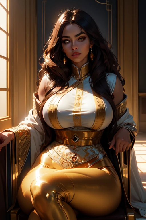 (masterpiece, best quality, perfect face, beautiful and aesthetic:1.2, detailed face, extremely detailed), (beautiful queen, long wild hair, golden eyes, (dark skin:1.2), huge breasts, slender waist, round ass, wide hips, thick tights), bewitching robes , raveling black and gold dresses, skimpy robes, (oriental throne room, inside the pyramid, desert palace, lewd atmosphere), seductive pose, gold jewelry, dim light, dimly lit, extremely detailed eyes, mysterious atmosphere, translucent, sexy pose, (full shot, looking at viewer), (solo:1.4), high quality, hyperrealistic, CG, unity, 4k, real image, intricate detail, depth of field, hyper realism, dramatic light, sharp, HDR