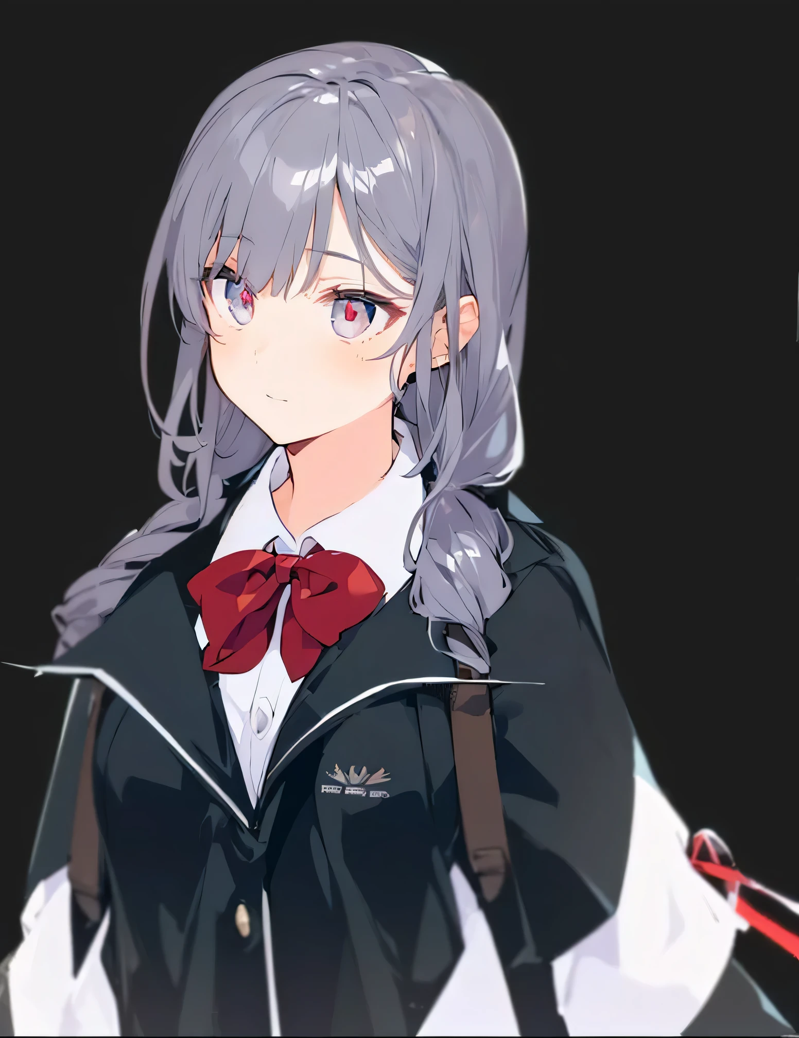 ((a closeup)),(School Uniforms:1.4),, Five Fingers,a beauty girl,((Silvery hair))、(((((silver eye))))、Long hair、Red ribbons