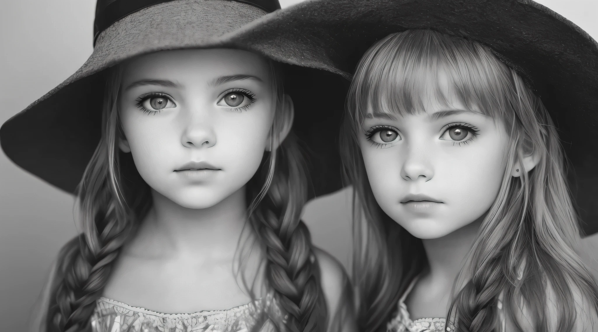 ((Masterpiece, Superb, Super Detailed, High Resolution)), solo, beautiful girl RUSSIAN CHILD IN BRAIDS, bright eyes, perfect eyes, 10 years, black and white gold theme, OF HAT.