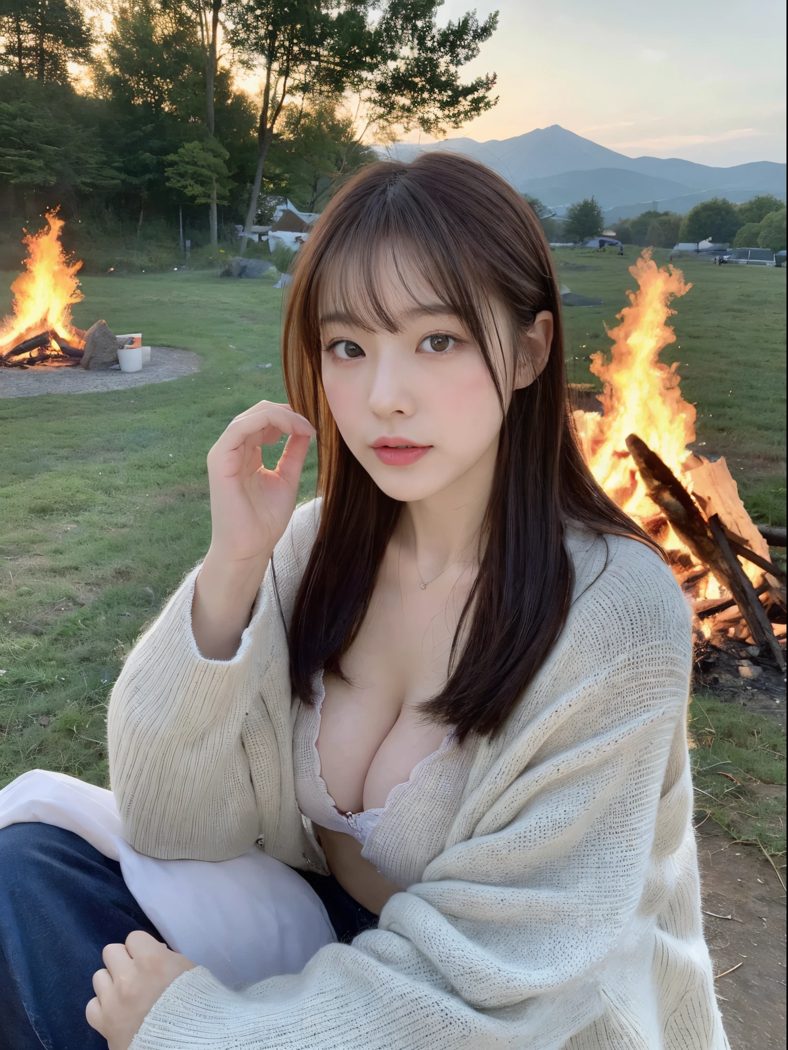 (top-quality、8K、32K、masterpiece、nffsw:1.2)、Photo of a cute Japanese woman、 1 人、(Medium short dark brown hair)、(small tits)、二重まぶた、camping at the foot of the mountain. Fuji、tome'White breath leaks in cold seasons and winter.、bend down in front of the bonfire, But I held out my hand to get warmer.I can see the cleavage、Underwear