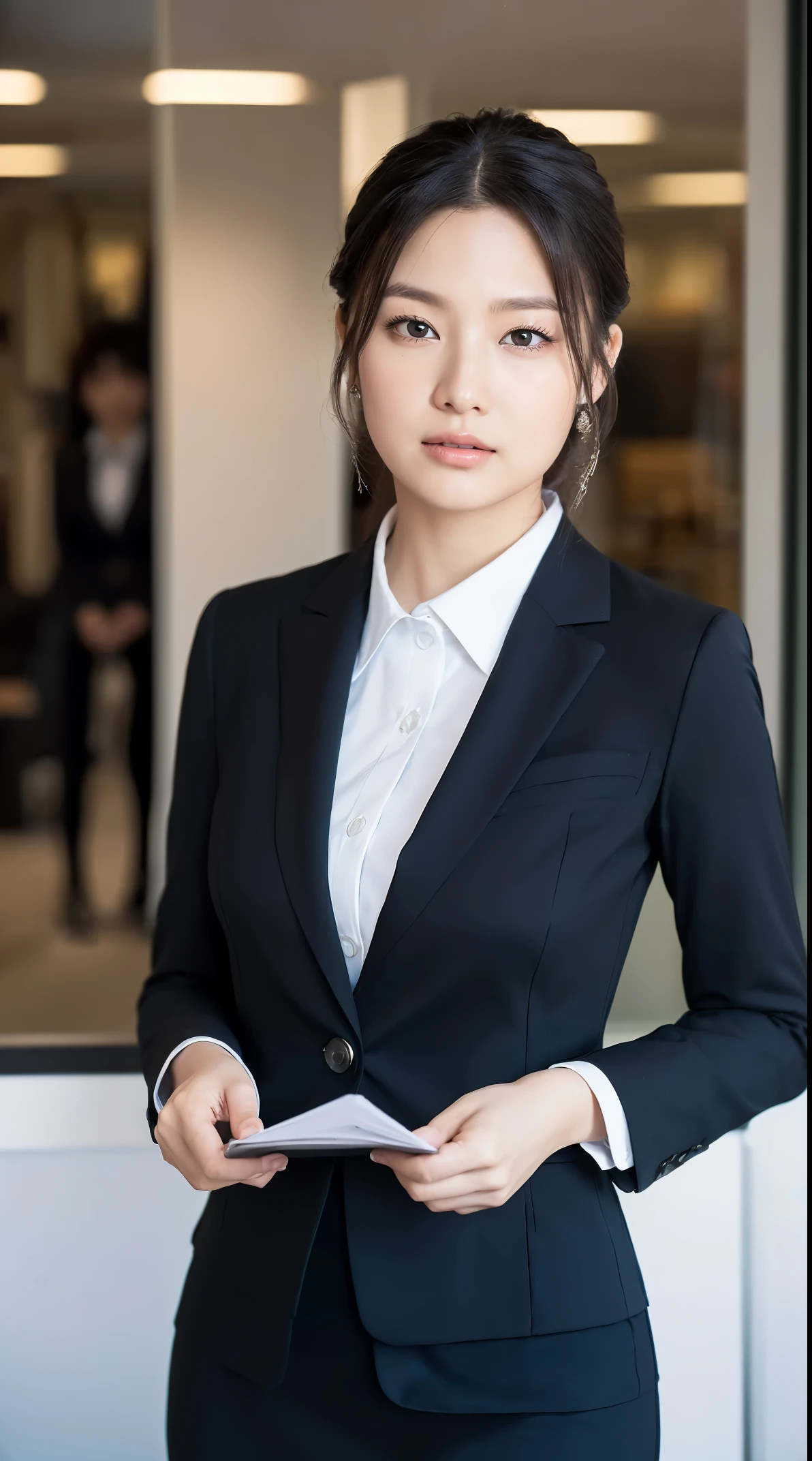 (masutepiece,High quality:1.3),(depth of fields:1.5) ,((front body:1.35)), Japanese ,woman,Chignon, (Women's business black suits black midi skirt ,White collared shirt:1.2),Huge breasts,(Looking at Viewer:1.3),(full body:1.2), Inside the office by the window