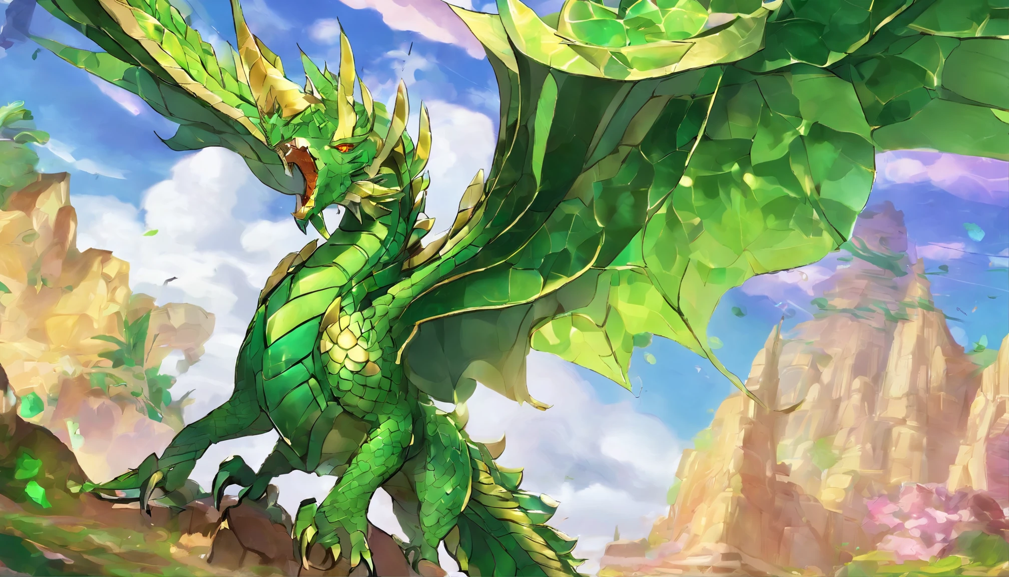 Your body is covered with glossy, dark emerald green scales that fade to a pale greenish-gold hue along your muscular underside. Interspersed among those scales are beautiful feathers that range from deepest purple to iridescent blue and green, glinting softly in the light. You have four strong, clawed legs with wicked curved talons, and your powerful wings stretch nearly twice as wide as you are long when fully extended.
Your face has an almost feline appearance with striking green eyes, elaborate horns that twist back from your head, and a mouthful of sharp ivory teeth. Small wisps of smoke curl from your nostrils whenever you exhale. Spiky frills run down your sinuous neck, echoing the shape of your twisting horns. Pointed ears stand erect, swiveling to catch the softed sound.
Despite fearsome appearance, there is a sort of feral grace and beauty to you. Your movements are fluid and poised, rippling with lean muscle beneath jewel-toned scales. When at rest, your wings fold loosely at your sides like a cloak. Clever eyes gaze out steadily, missing nothing and glowing like peridots in the shadows.
An aura of danger and primordial magic clings to you wherever you tread, the earth seeming to shudder beneath your clawed feet. You have the senses of a predator but also deep wells of intelligence and character within. Overall you appear a magnificent, beautifully deadly and free-willed dragon!