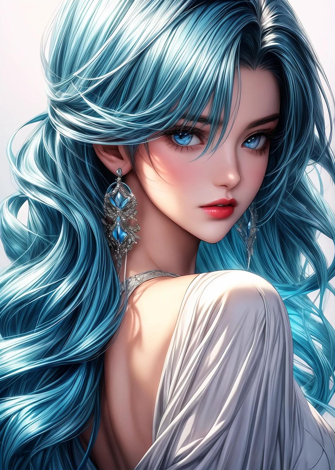 a close up of a woman in a white dress with blue hair, ! dream artgerm, extremely detailed artgerm, style artgerm, artgerm style, style of artgerm, artgerm on artstation pixiv, artgerm. anime illustration, artgerm and atey ghailan, portrait knights of zodiac girl