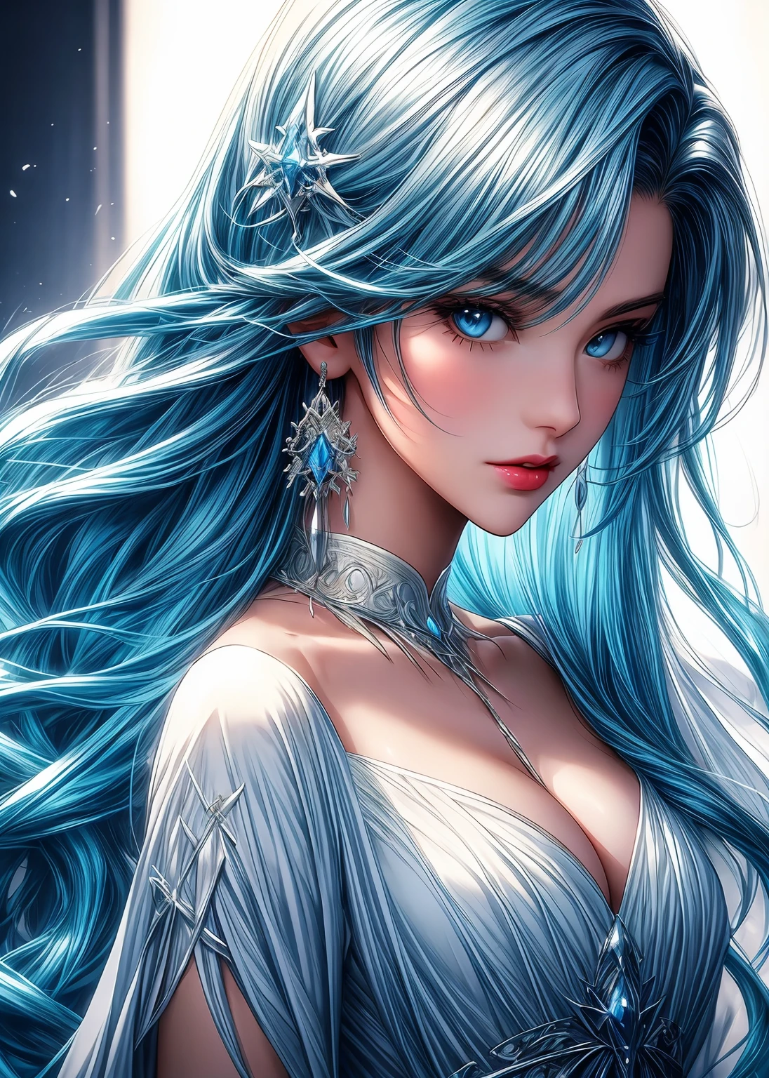 a close up of a woman in a white dress with blue hair, ! dream artgerm, extremely detailed artgerm, style artgerm, artgerm style, style of artgerm, artgerm on artstation pixiv, artgerm. anime illustration, artgerm and atey ghailan, portrait knights of zodiac girl