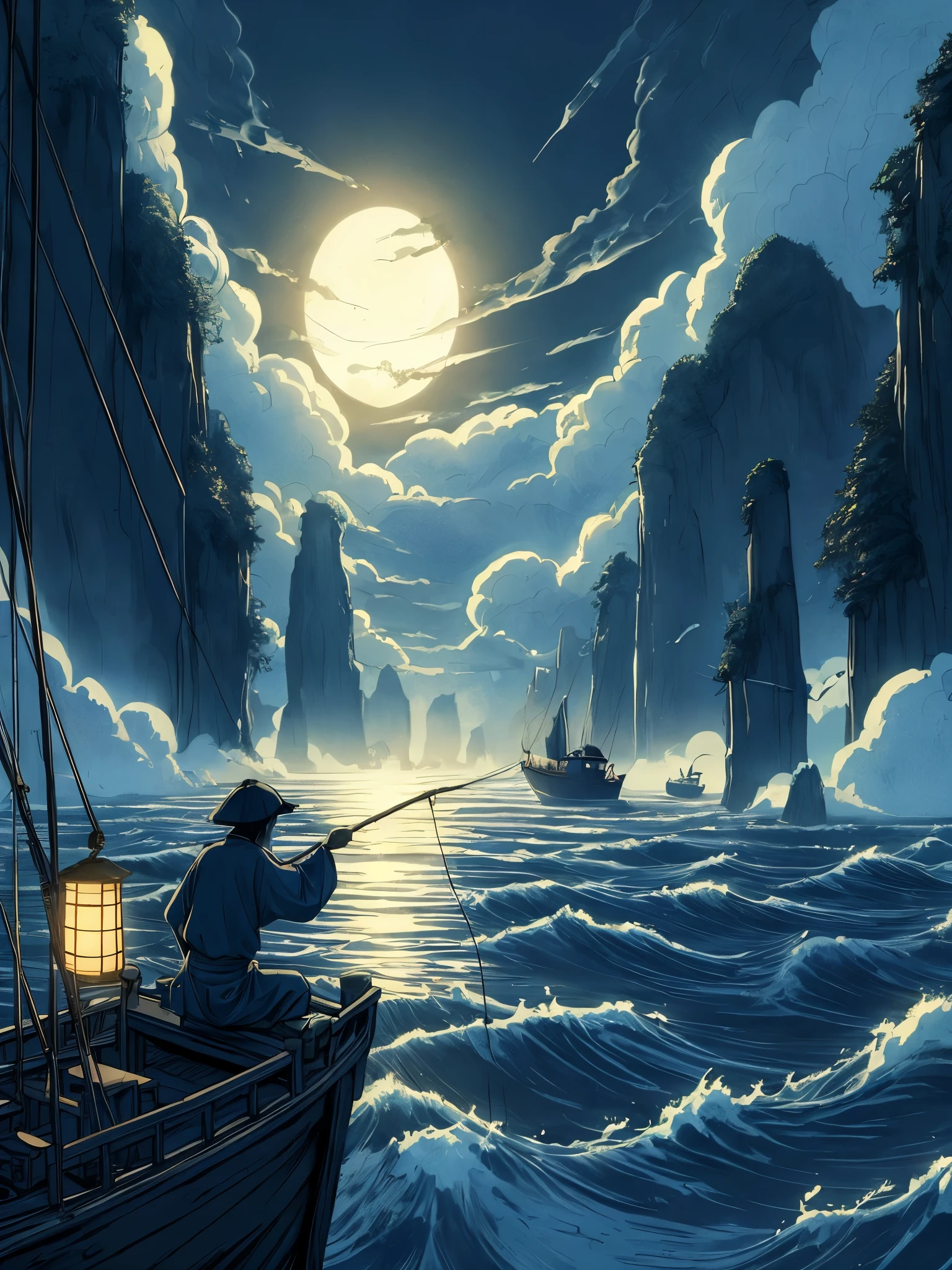 Draw an wide anime aerial lofi scene of chinese fisherman fishing in boat, dim light, waves, cliffs, full moon, cloudy, dramatic scene night, wide open sky, aesthetically beautiful, vibrant saturated colors, beautiful color palette, masterpiece, calm, peaceful, no human, cloudy sky