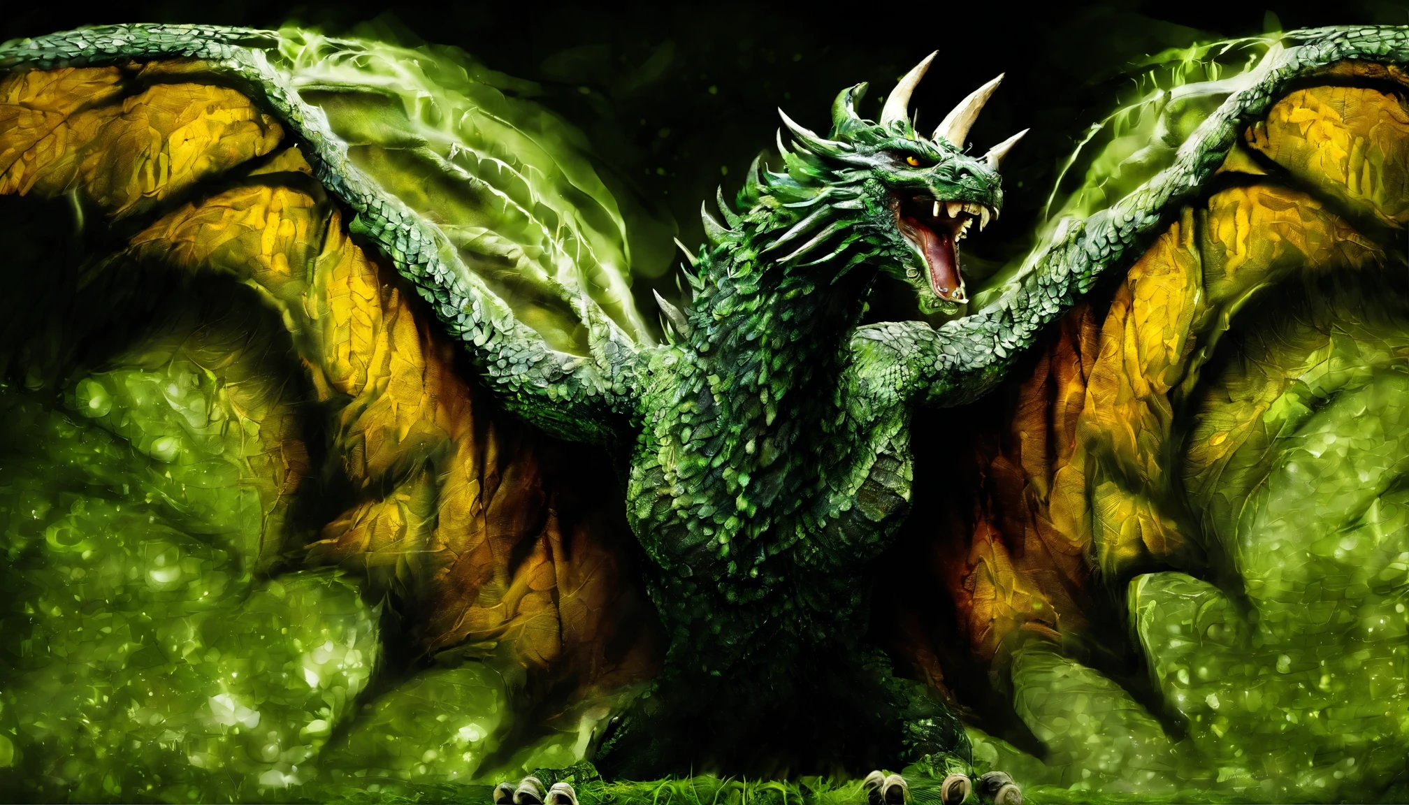 Your body is covered with glossy, dark emerald green scales that fade to a pale greenish-gold hue along your muscular underside. Interspersed among those scales are beautiful feathers that range from deepest purple to iridescent blue and green, glinting softly in the light. You have four strong, clawed legs with wicked curved talons, and your powerful wings stretch nearly twice as wide as you are long when fully extended.
Your face has an almost feline appearance with striking green eyes, elaborate horns that twist back from your head, and a mouthful of sharp ivory teeth. Small wisps of smoke curl from your nostrils whenever you exhale. Spiky frills run down your sinuous neck, echoing the shape of your twisting horns. Pointed ears stand erect, swiveling to catch the softed sound.
Despite fearsome appearance, there is a sort of feral grace and beauty to you. Your movements are fluid and poised, rippling with lean muscle beneath jewel-toned scales. When at rest, your wings fold loosely at your sides like a cloak. Clever eyes gaze out steadily, missing nothing and glowing like peridots in the shadows.
An aura of danger and primordial magic clings to you wherever you tread, the earth seeming to shudder beneath your clawed feet. You have the senses of a predator but also deep wells of intelligence and character within. Overall you appear a magnificent, beautifully deadly and free-willed dragon!