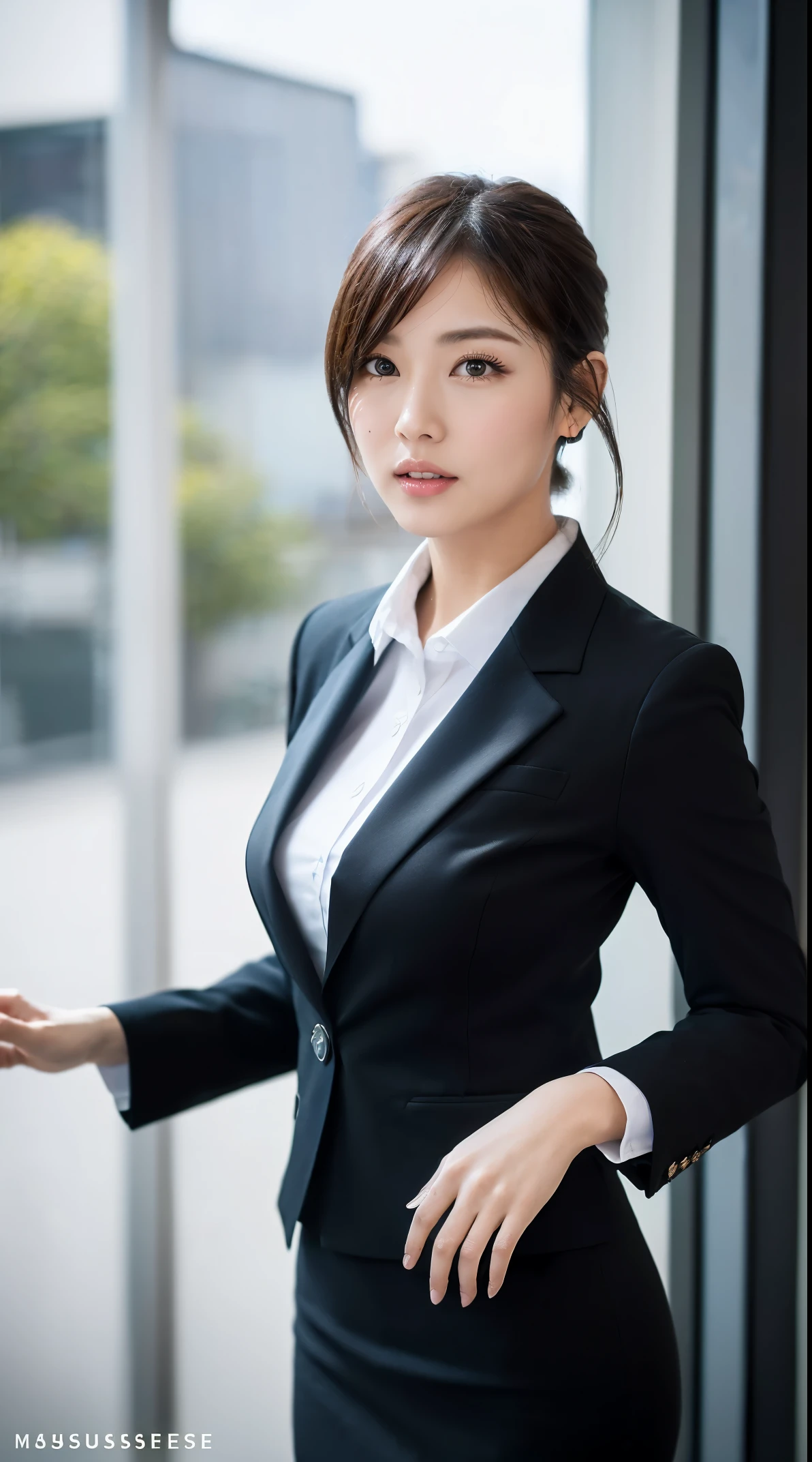 (masutepiece,High quality:1.3),(depth of fields:1.5) ,((front body:1.35)),  Japanese ,woman,Chignon, (Women's business black suits black midi skirt ,White collared shirt:1.2),Huge breasts,(Looking at Viewer:1.3),(full body:1.2), Inside the office by the window