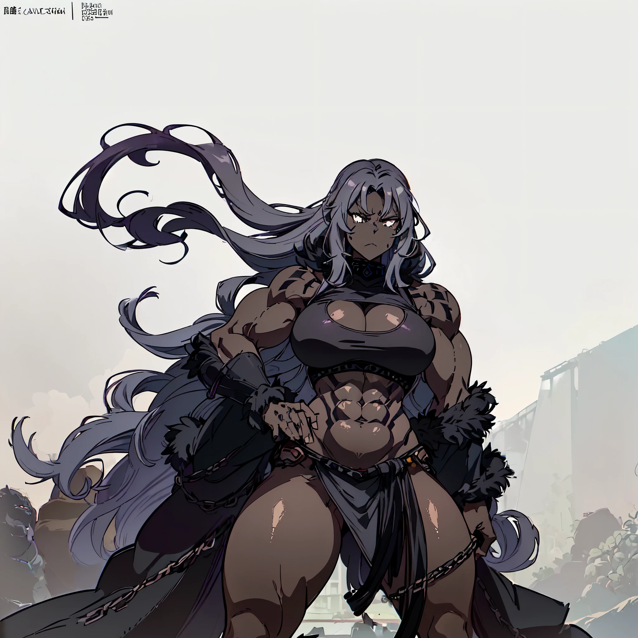 Very angry girl with dark grey skin tone and tribal tatto ((1girl)) dark purple hair, crazy messy curly long hair, white eyeuscular))))), (thick thighs), solo, very angry, ((((dark grey skin)))), 10 pack abs, long leg muscular thighs, (( strong jawline, (big hugs saggy long titties), very muscular long legs big muscular wide broad shoulders wide hips huge wide waste (( very big muscular veiny arm)), big trapezius(Very angry girl with dark grey skin and tribal tatto), ((1girl)) dark purple hair, crazy messy curly long hair, (white eyeusculars), (thick thighs), solo, very angry, ((dark grey skin)), (10 pack abs), long leg muscular thighs, (strong jawline), ((((big huge saggy long tittieig muscular wide broad shoulders), wide hips huge, wide waste, (( very big muscular veiny arm)), big trapeziusfur coat, black crop top turtle neck sweater with no arm sleeves, fur cloak, ( military cap), (tribal loincloth dress), Golden barbarian belt, (holding weapon in the right), tribal garb clothing, thicc milf, muscular,