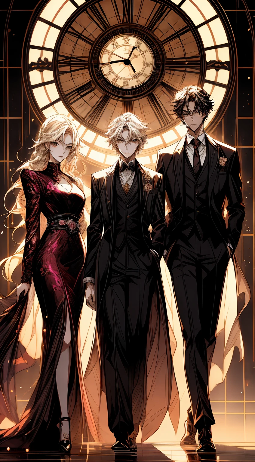 anime - style image of three people in formal attire standing in front of a clock tower, artwork in the style of guweiz, delicate androgynous prince, highly detailed exquisite fanart, beautiful androgynous prince, guweiz masterpiece, guweiz, korean art nouveau anime, manhwa, official artbook, anime key visual of elegant, manga cover style