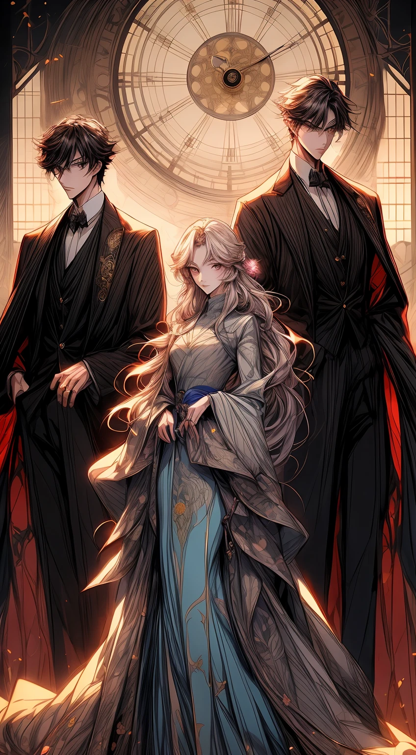 anime - style image of three people in formal attire standing in front of a clock tower, artwork in the style of guweiz, delicate androgynous prince, highly detailed exquisite fanart, beautiful androgynous prince, guweiz masterpiece, guweiz, korean art nouveau anime, manhwa, official artbook, anime key visual of elegant, manga cover style