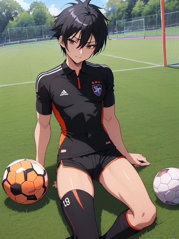 (((Official art,superfine illustration,hight resolution, masutepiece, best qualtiy,Best Quality,)))hightquality, detaileds, (A ),12 years oace striker male idol with a super cute face,A boy as beautiful as Planding, Cool handsome face with smile, soccer spike, Long legs, thighs thighs thighs thighs, Foots, Bulge, (Black hair、Spiky hairstyle)、Shiny hair, (tight shiny orange soccer uniform suit), (tight and shiny soccer shorts), (Soccer Socks), tussock, Cool pose, (厚いthighs thighs thighs thighs、Seduce your big ass to your crotch)、(((soccer field in the park)))、((cocky、))、Smirk、Spread legs,Ultra-fine painting, (Best Quality, 4K, 8K, hight resolution, masutepiece:1.2),(((Being aware of the sexual gaze of middle-aged gay men)))、Service Shots、