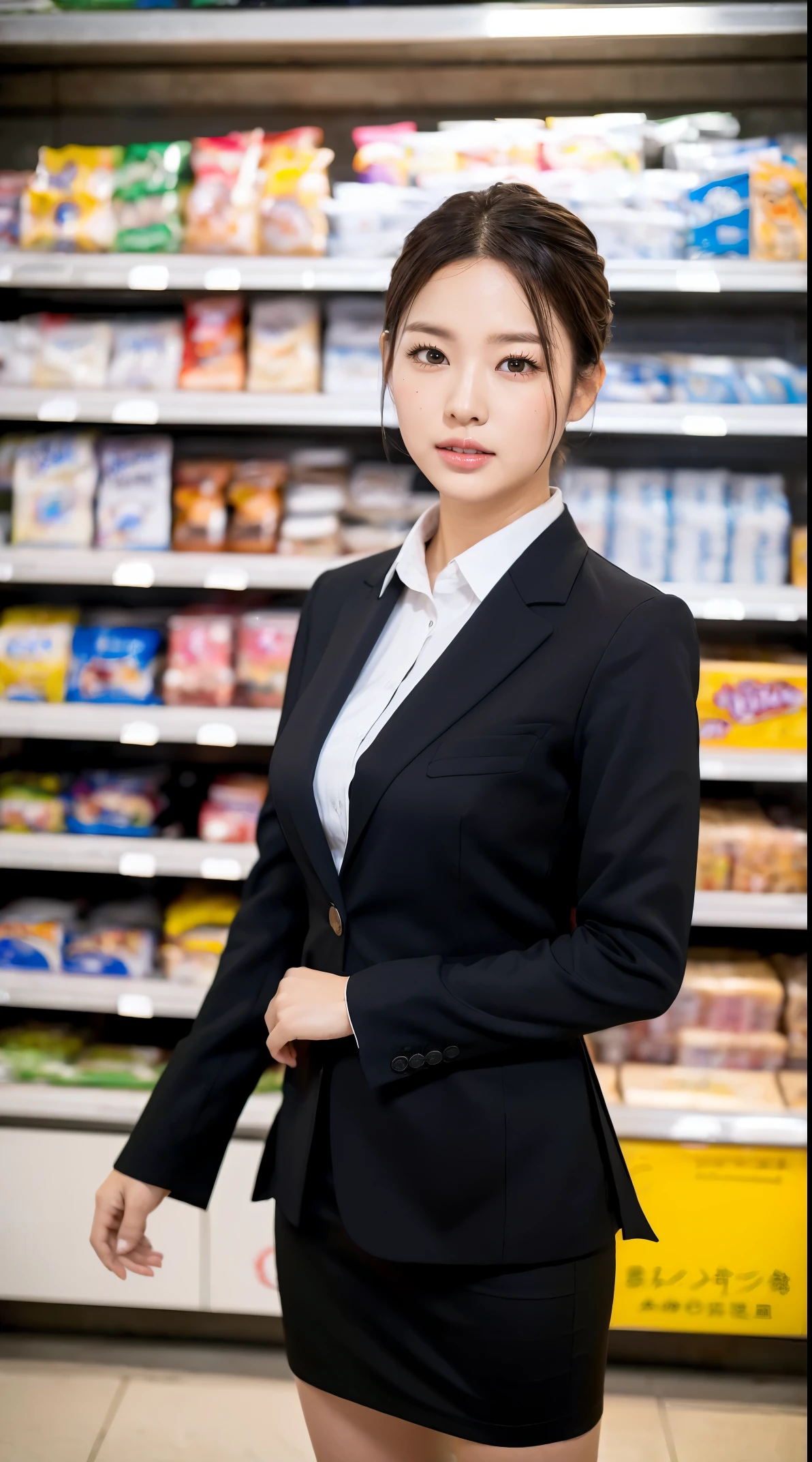 (masutepiece,High quality:1.3),(depth of fields:1.5) ,((front body:1.35)), Japanese ,woman, multiple girls , Chignon, (Women's business black suits black midi skirt ,White collared shirt:1.2),Huge breasts,(Looking at Viewer:1.3),(full body:1.2), convenience store