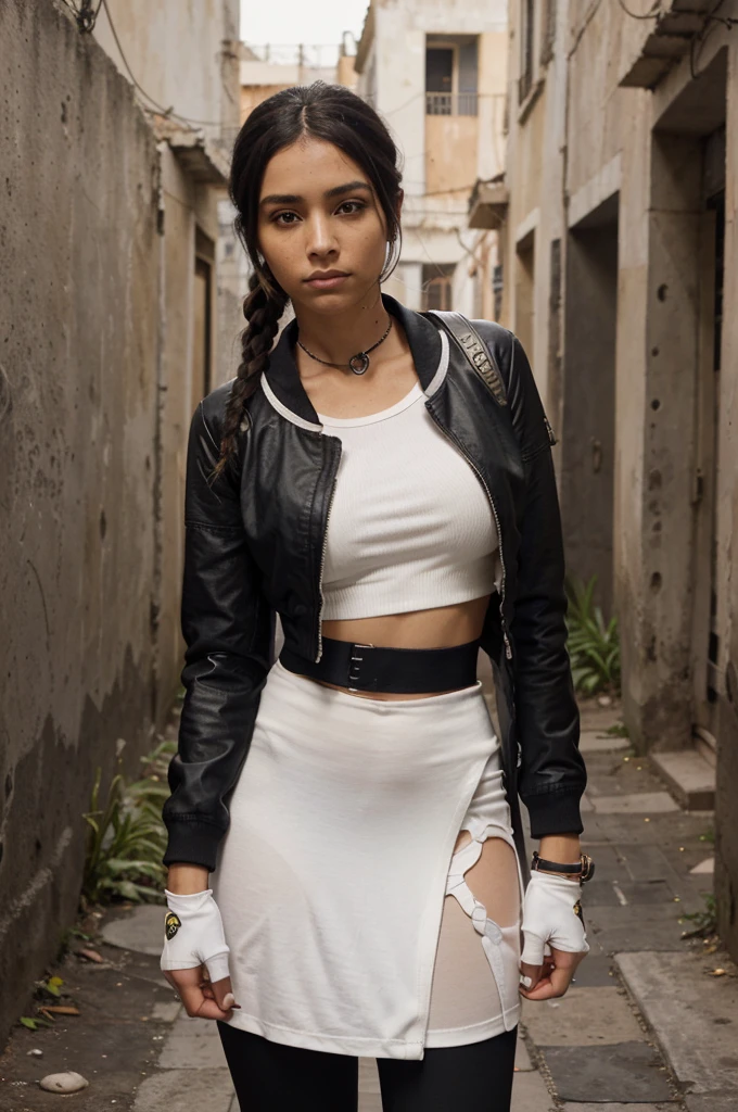 1girl, Primer plano, (cana, cabello mediano, senos grandes, ojos rojos), Perfect anatomy, Ciudad, Estilo cyberpunk, ((Camisa blanca, chaqueta negra, falda negra, ombligo, beltt, Guantes negros, corbata, reloj de pulsera, Pendientes, View through black leggings)), ((Pistola de sostenimiento)), ERA, Ciudad en ruinas, Campo de batalla, escombros, Edificios,cigarrillo