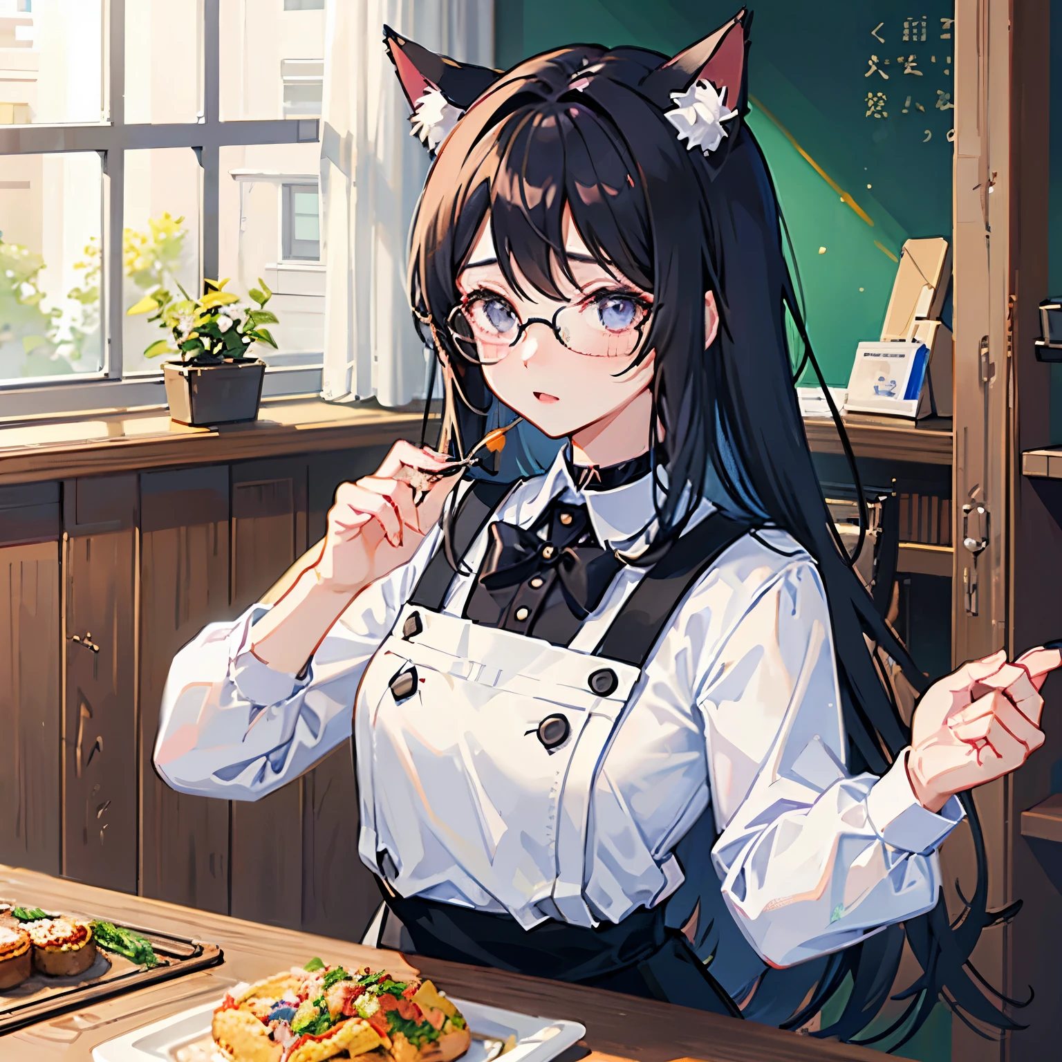 1人、girl with、Long black hair、eye glasses、cat ear、pinafore、cooking a、unclear、kawaii
